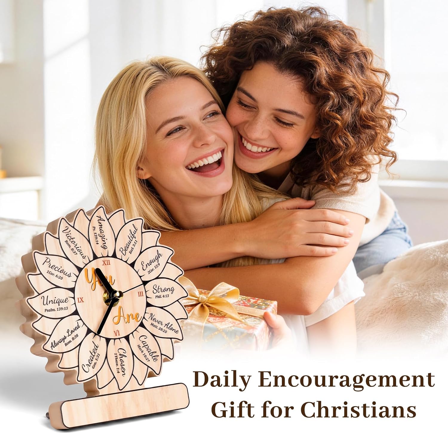 Christian Birthday Gifts for Women, Sunflower Clock Gifts for Women, Inspirational Spiritual Faith Gifts for Mom Wife Sisters Best Friends Coworker, Sunflower Wooden Clock Decor for Christian