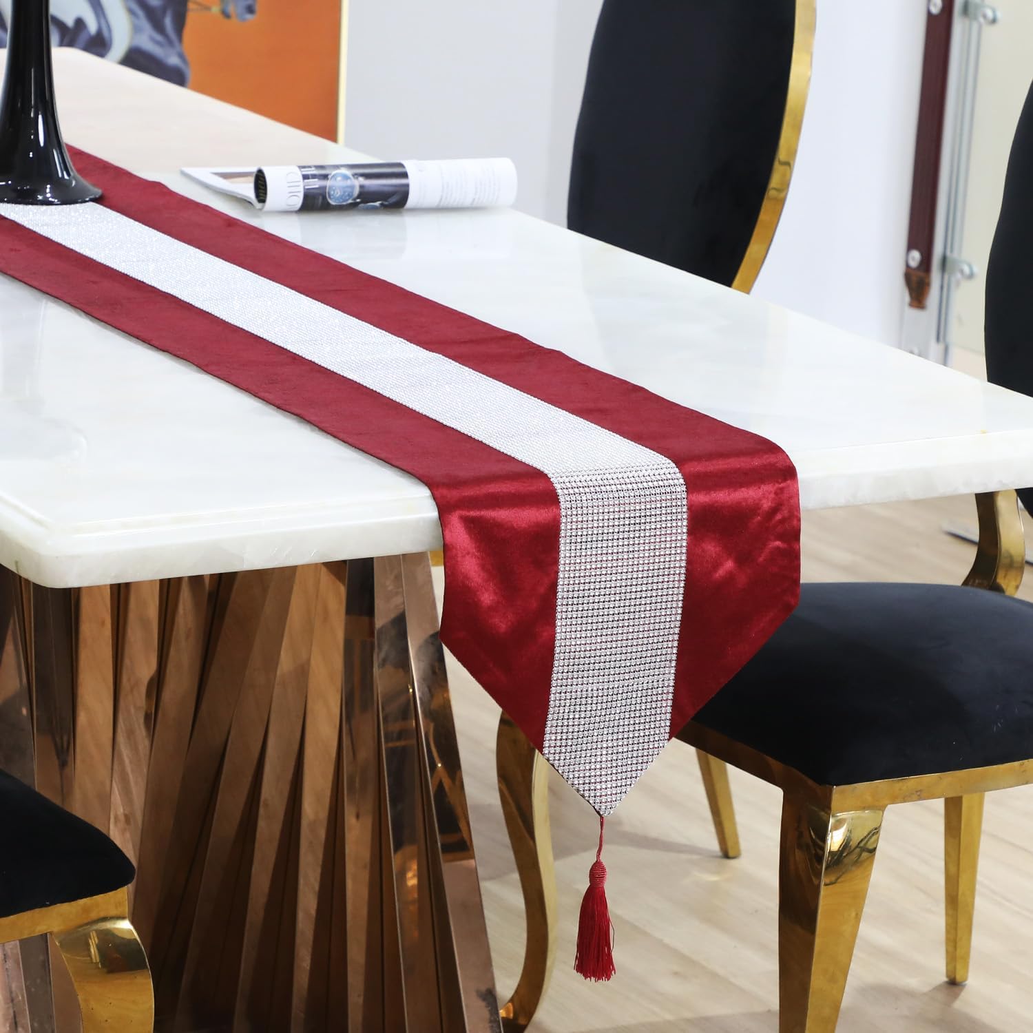 HeMiaor 13inch x 98inch Table Runner with Diamante Strip and Tassels (Red)