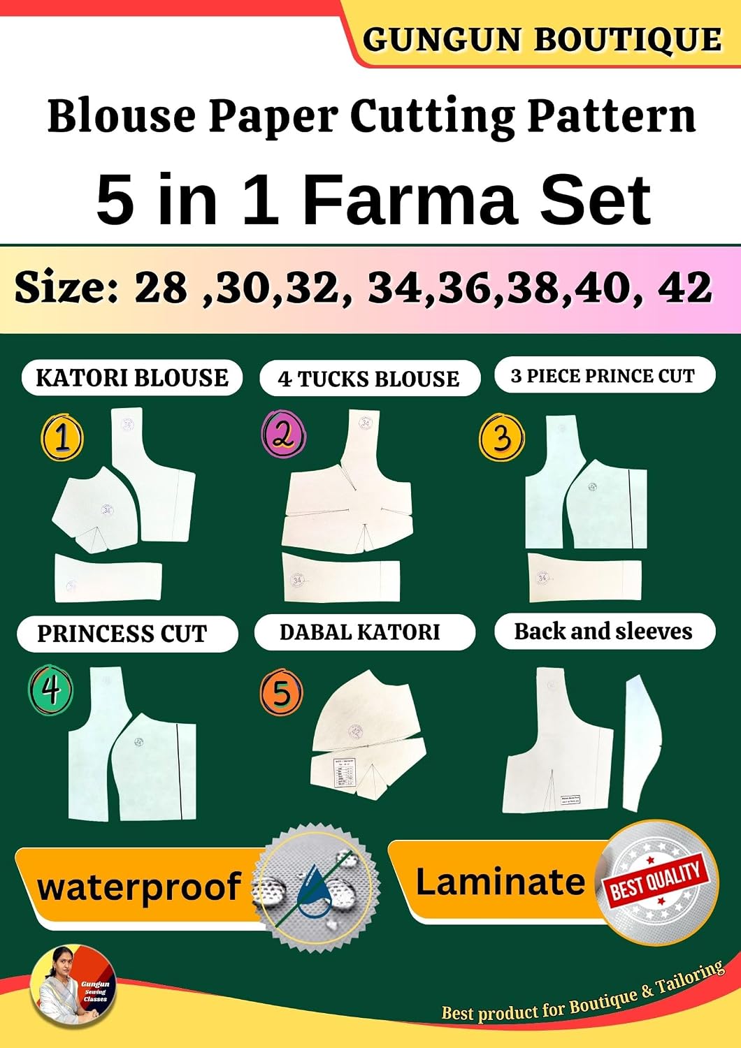 5 in 1 Blouse Paper Cutting Pattern, Farma Set, | Waterproof Laminate, All Size 28To 42 | Katori, 4 Tucks, Prince Cut, Dab...