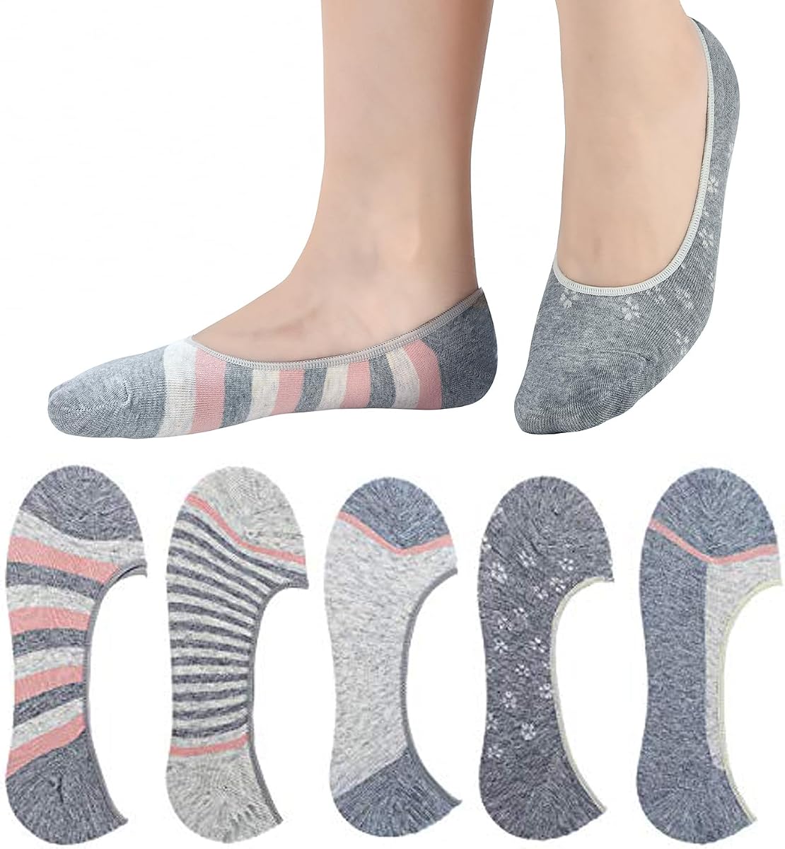 RYI 5-Pack No Show Socks for Women Size 6-9 Ankle Invisible Non-slip Athletic Socks