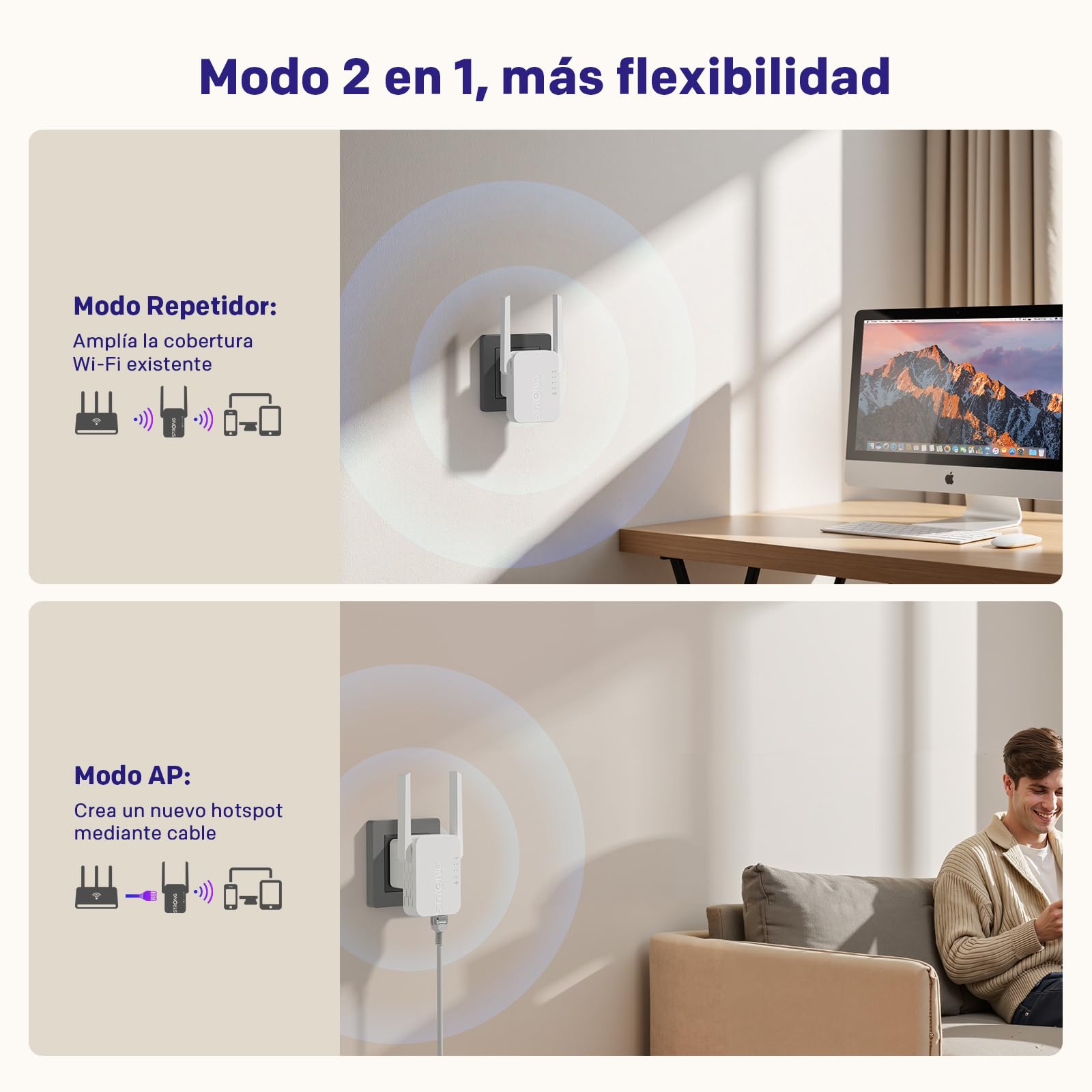 STRONG Repetidor WiFi 300 Mbps de Pared – Amplificador señal WiFi Potente para casa, repetidor WiFi Largo Alcance, WiFi Extender con WPS, Puerto LAN y Modo Punto de Acceso