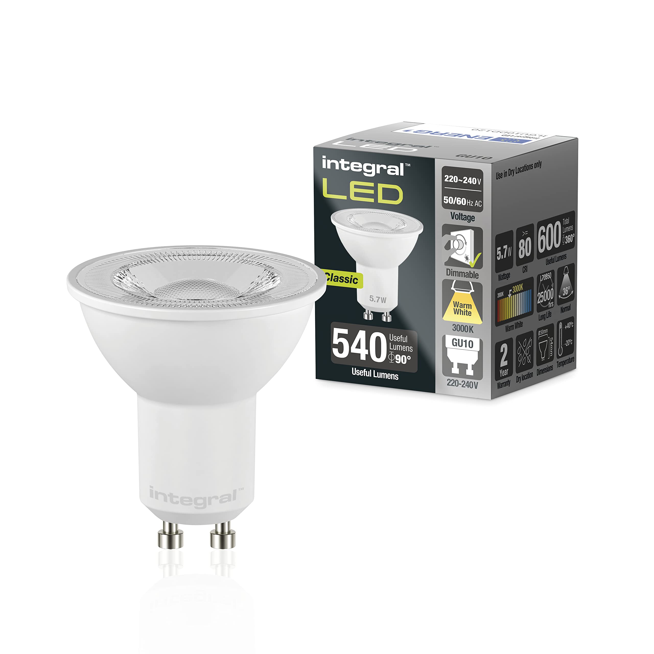 Integral GU10 LED Light Bulb 5 Pack Warm White 3000K, 600LM, 5.7W (Equivalent to 75W) Dimmable - Energy efficient and Ideal for spotlights and projectors in bathrooms, Kitchens, Living Rooms — image 1