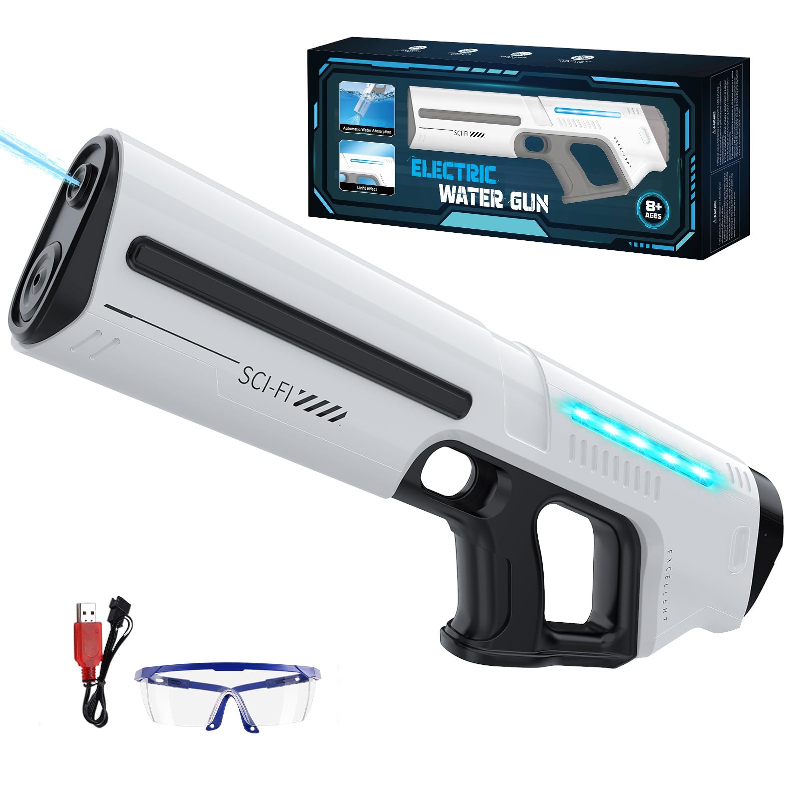Skirfy Electric Water Gun for Kids Adults,Automatic Water Absorption,Battery-Powered Squirt Toy with Tank,LED Light,Summer Outdoor Beach Play,Pool Garden Fun for Kids Age 8 9 10