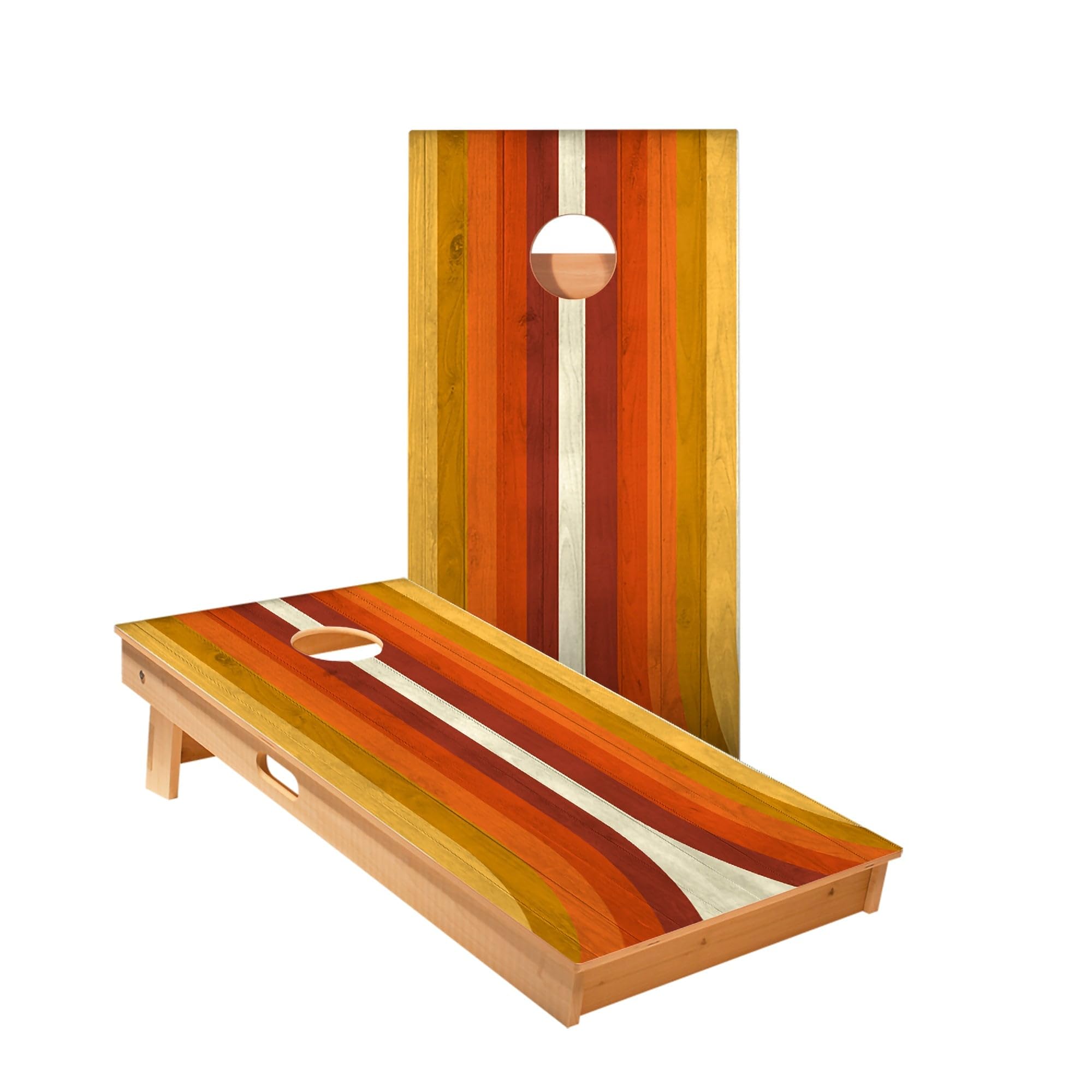 Retro Orange Curved Stripes Cornhole Boards - Includes (2) Boards (Resin Bags) + (1) Carry Case, (2) Hole Lights & (2) Edge Lights