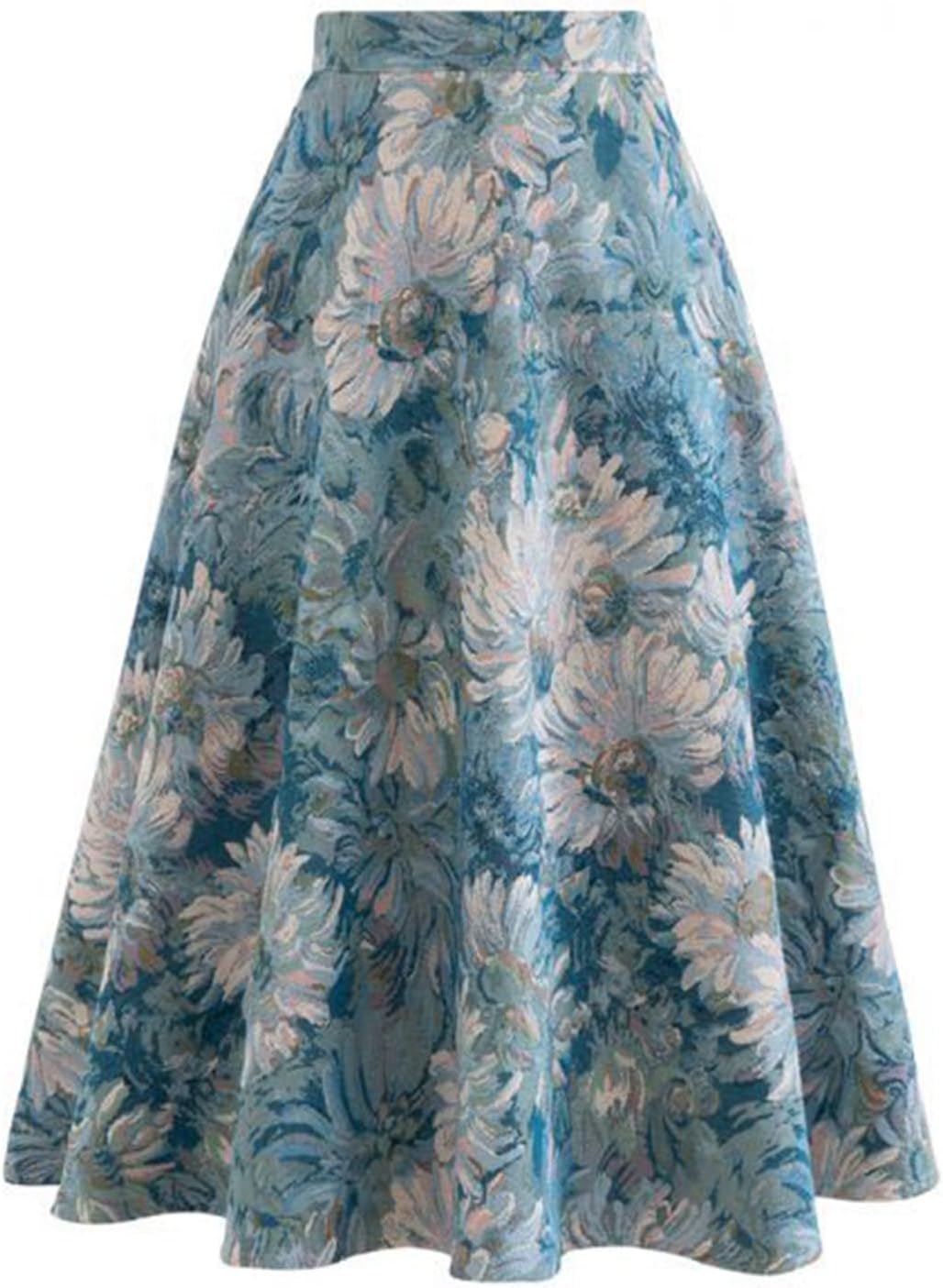 CHICWISH Women Flower Canvas Jacquard Midi Skirt Casual High Waist A Line Swing Flare Summer Long Skirts