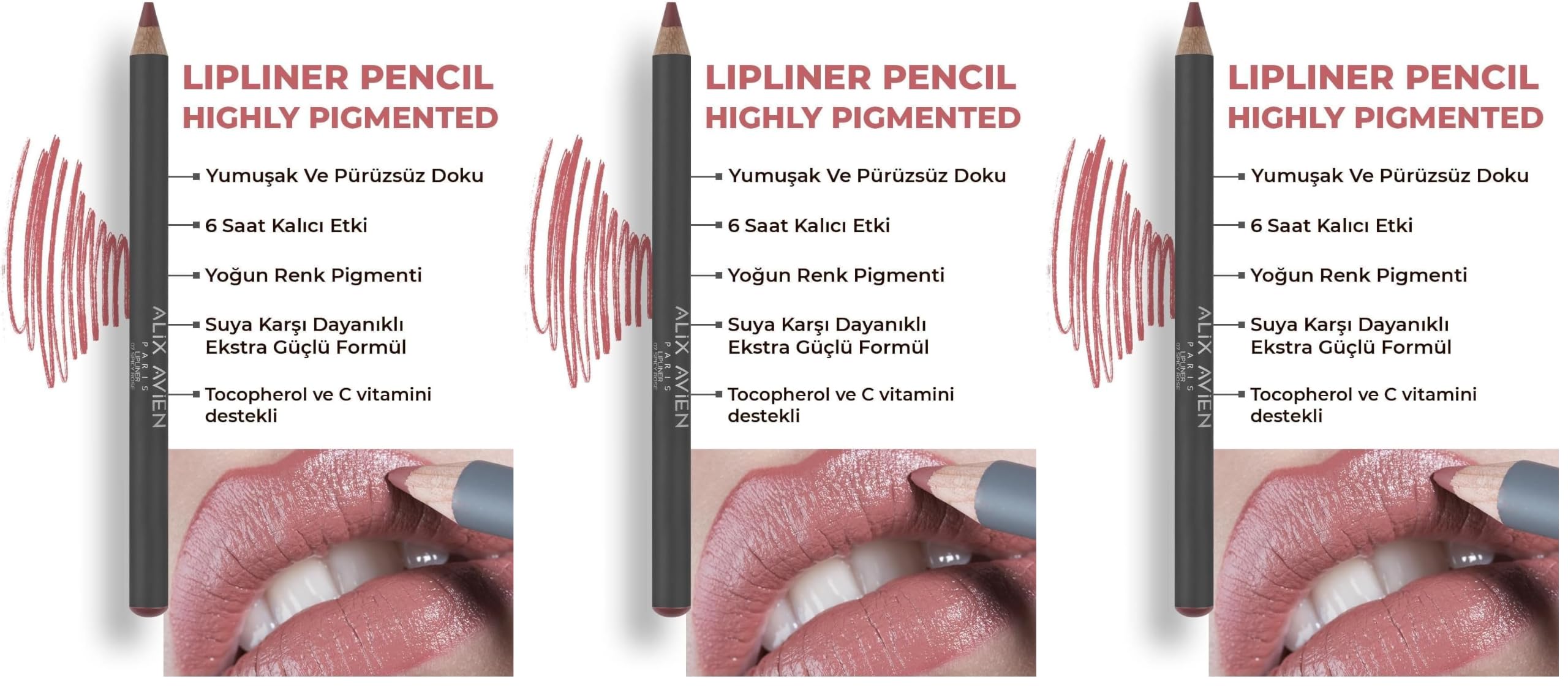 ALIX AVIEN Uzun Süre Kalıcı Dağılma Yapmayan Nemlendirici Dudak Kalemi - Lipliner Pencil 07 Spicy Rose (3 paketi)