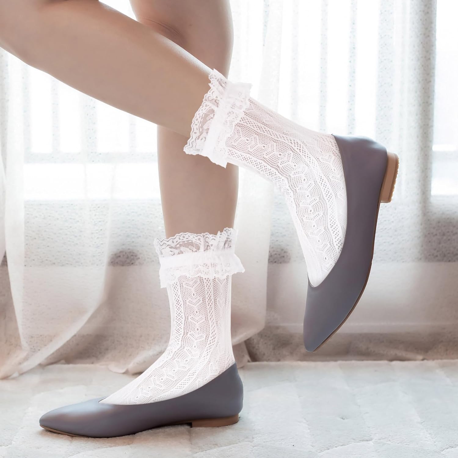 LIFKOME Bow Lace Socks Women Long Ruffle Knee High Stockings White Frilly Socks with Bows for Oktoberfest Dirndl Outfits Comfortable Breathable Fit - Image 3