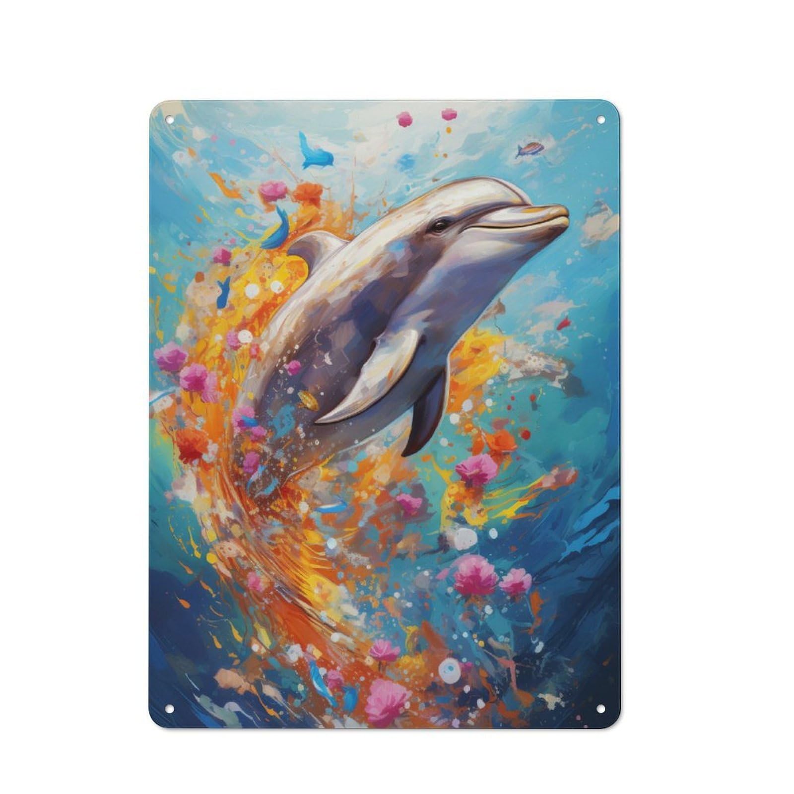 Junmoney Dolphin Swimming In Paint Rustic Metal Plaque 40X30cm For Lounge Or Reading Corner, For Home Office, Studio And Craft Room Walls