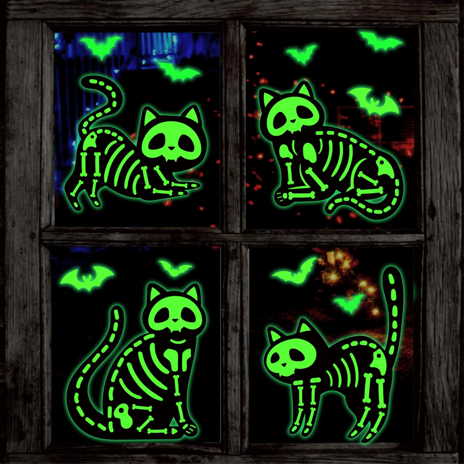 JarThenaAMCS Glow in The Dark Halloween Window Clings Black Skeleton Cat Reusable Window Decals for Haunted Party Home School Office Decor