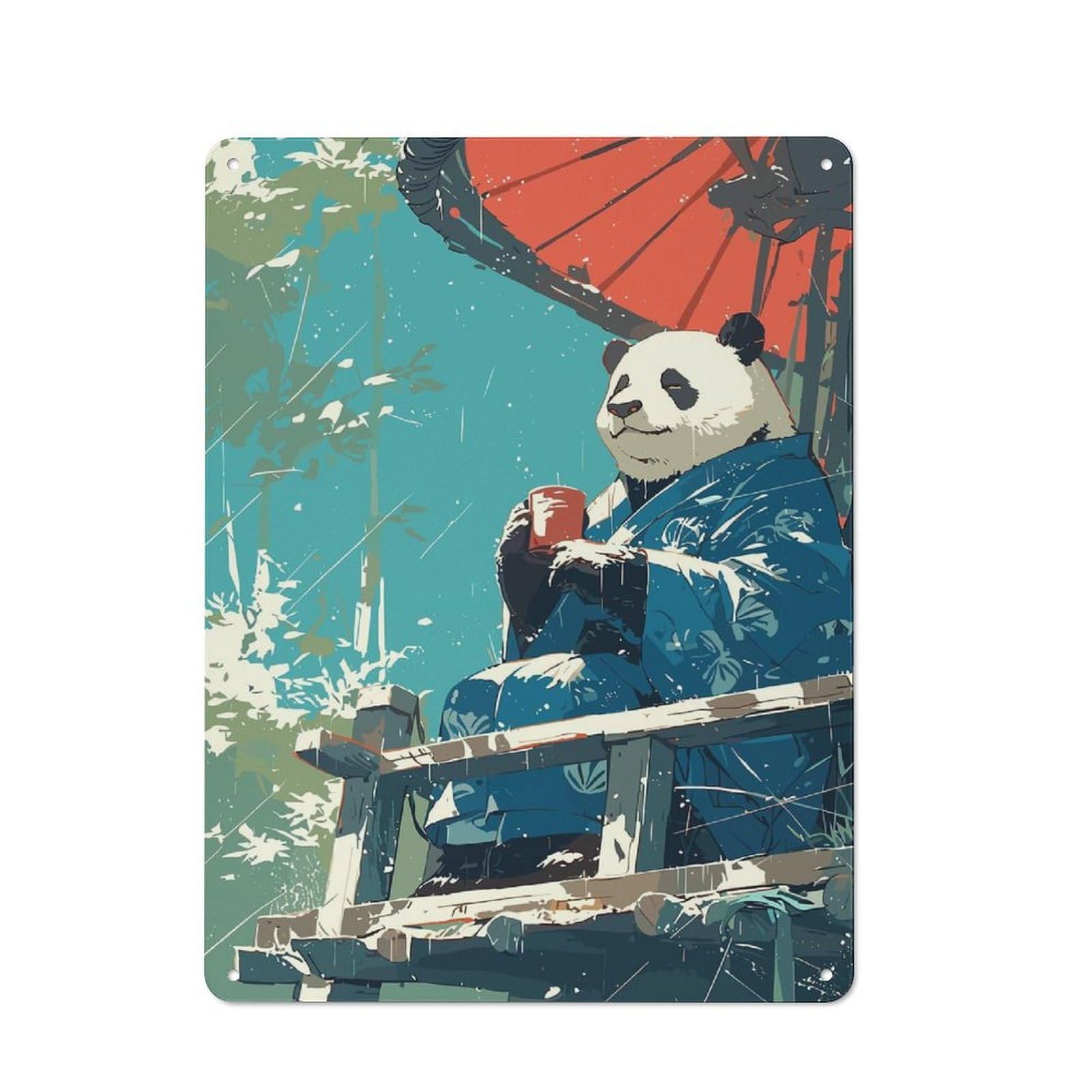 Junmoney Style-7 Metal Wall Sign 40X30cm Featuring Japanese Panda Kimono For Pub Or Café, Housewarming Wall Decor For People Furnishing Pub And Café