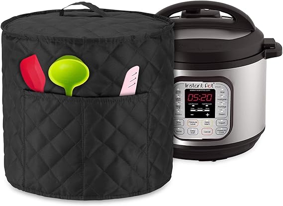 LUXJA Dust Cover Compatible with 6 Quart Instant Pot, Cloth Cover with Pockets Fits Instant Pot (6 Quart) and Extra Accessories, Black Quilted Fabric (Medium)