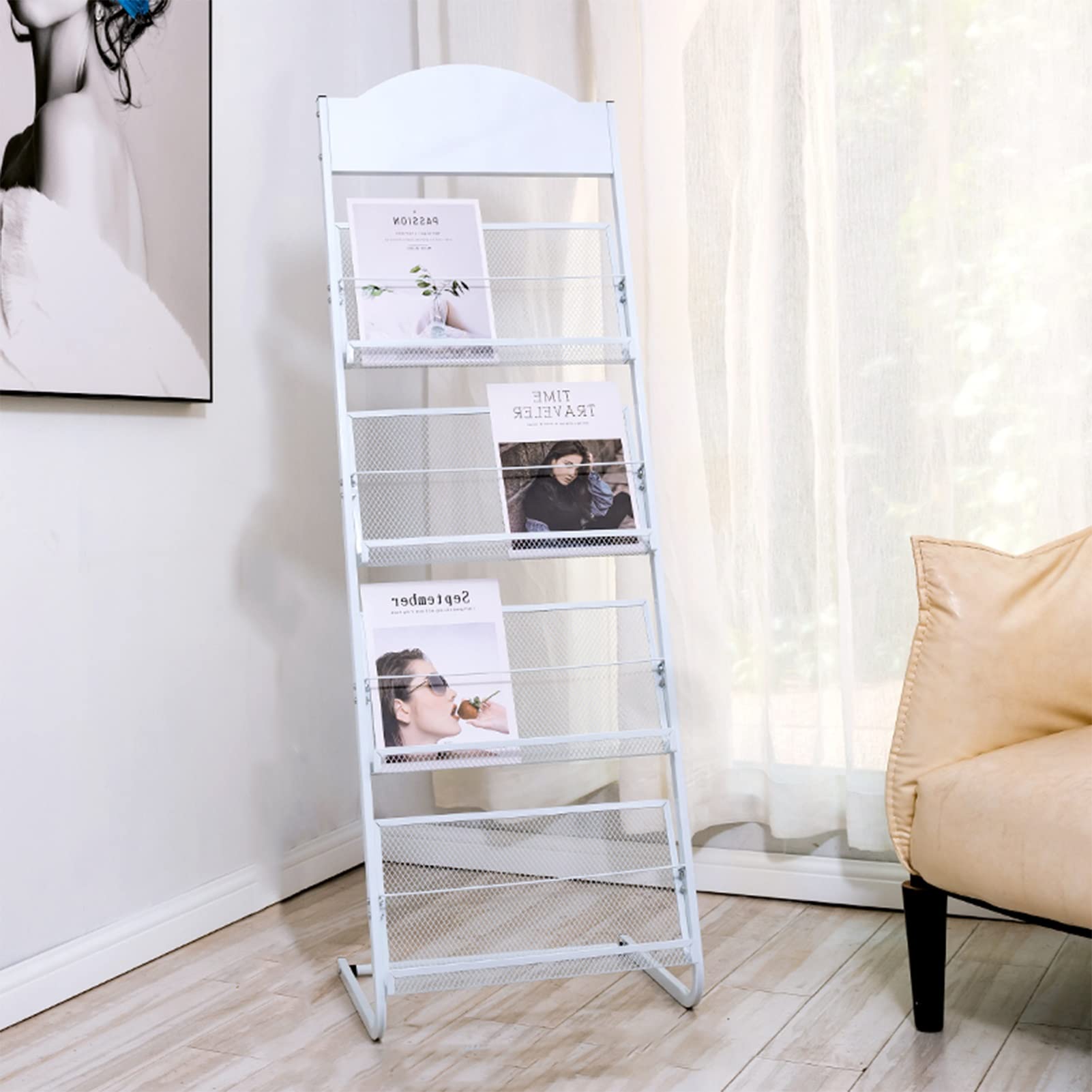 ASerZenith Portable Literature Stand Office Magazine Rack, Freestanding Magazine Holders Brochure Storage for Shelves, for Waiting Room, Living Room (White)