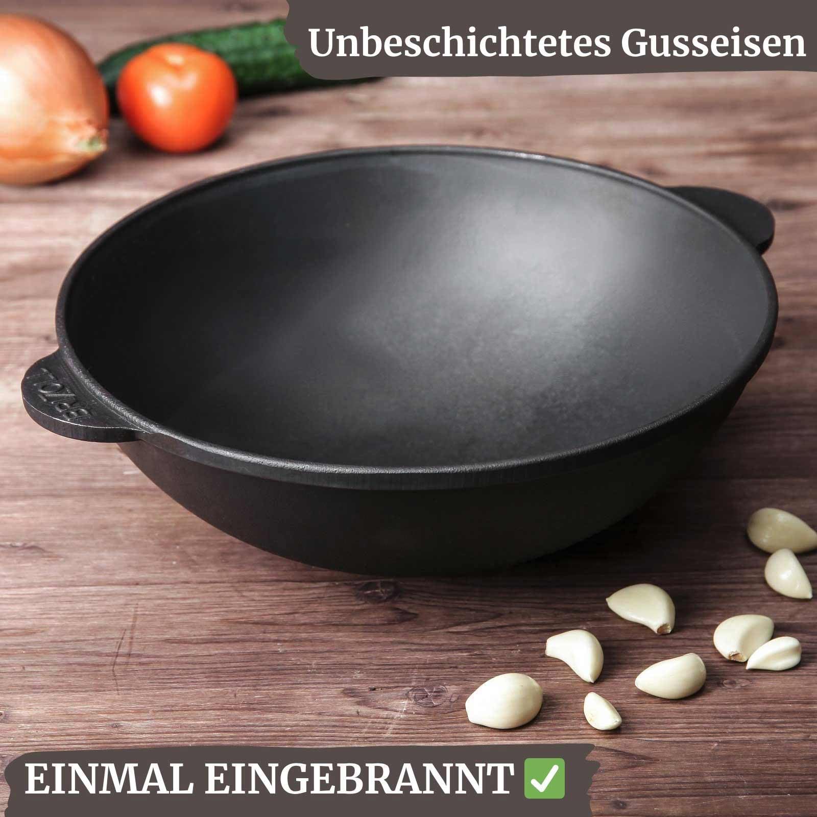 BIG-PAN Padella wok in ghisa, 30 cm, 4,7 l, per tutti i piani cottura, con induzione Asia Wok, Kazan Grill Kazan, per cucina Plov, resistente al forno, Kazan, Cast Iron Pilav