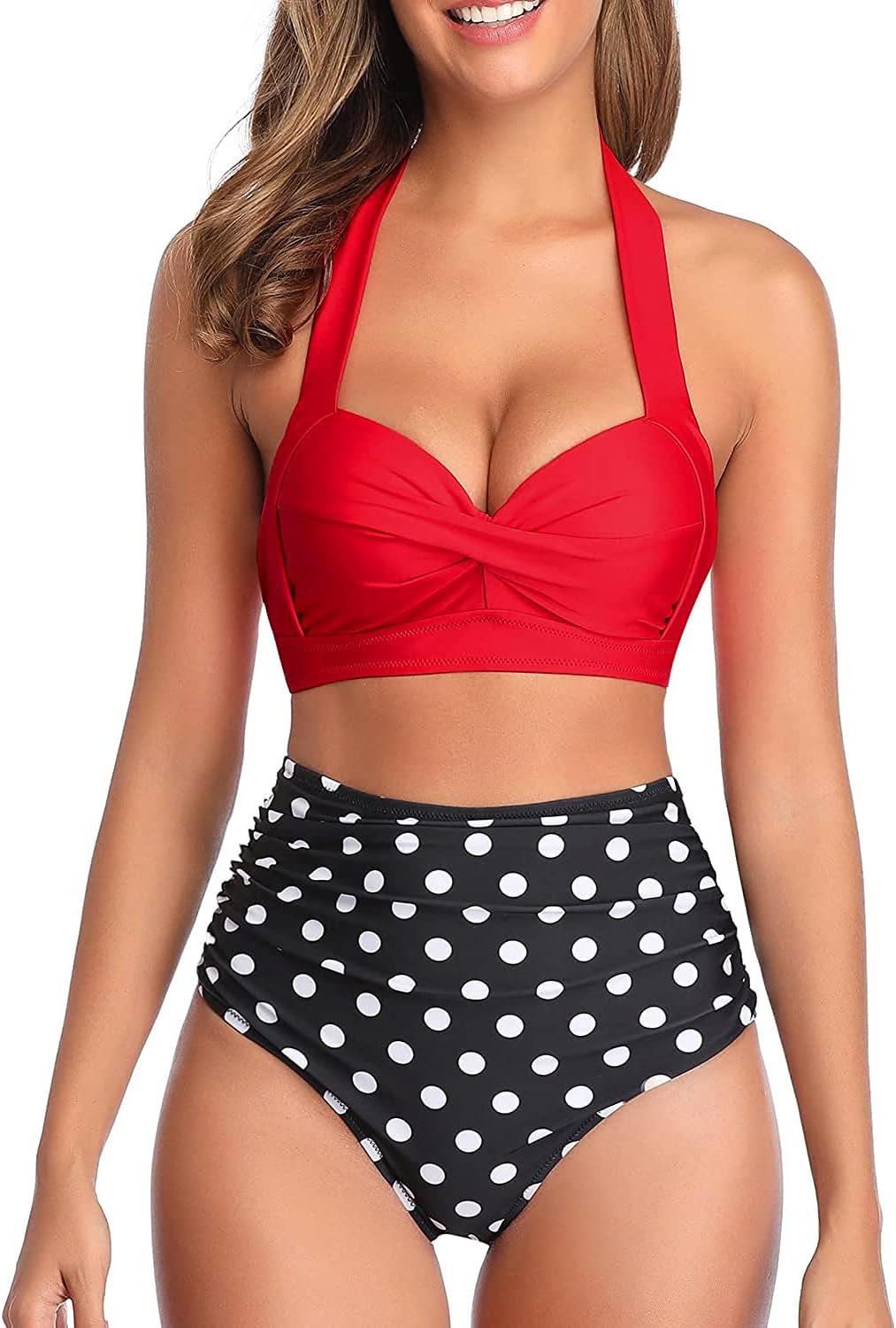 Women Two Piece Vintage Swimsuit Retro Halter Ruched High Waist Bikini with Bottom