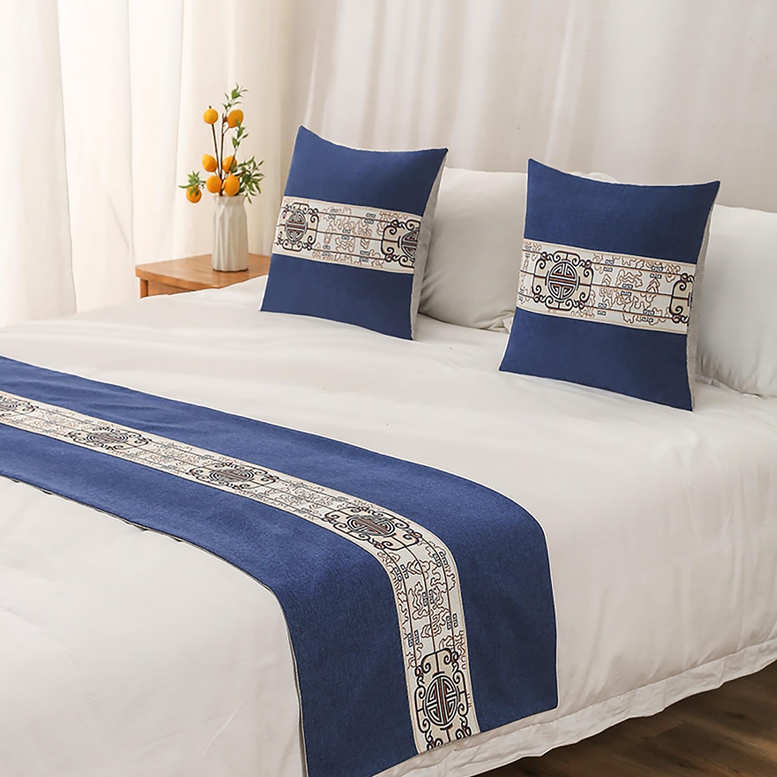 VNVFJKLO bed runner, Embroidery King Bed Scarf Runner Bedding Scarves Cover For Home Hotel Guesthouse For Slipcover Decoration(Dark Blue,48 * 210cm for 150cm Bed)