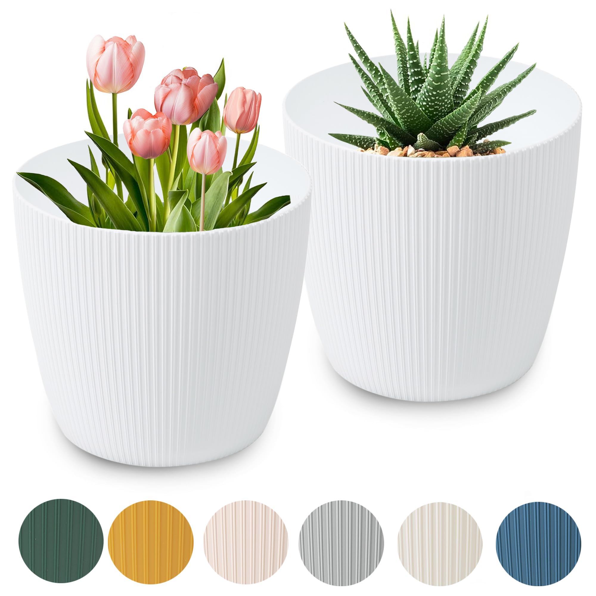PECZEKO Matte Flower Pot, Plastic Planter, Decorative Pot for Large Plants, 2 x Flower Pot Set, Flower Pot Herb Pot, (2 Pack) White, Diameter 22 cm