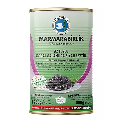 Marmarabirlik Aceitunas negras enlatadas, aceitunas turcas en escabeche, menos saladas, aperitivos saludables, sabor vegano y mediterráneo,
