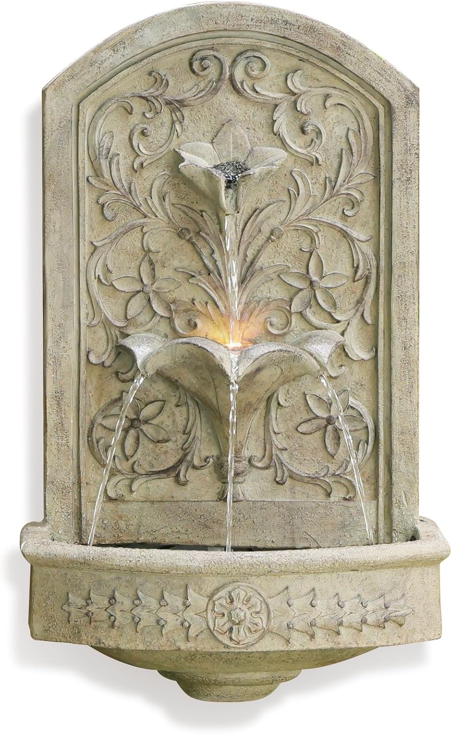 Vintage 28.3" Wall-Mounted Resin Outdoor Fountain with Floral Carving - Soothing Garden Waterfall for Patio, Yard & Porch