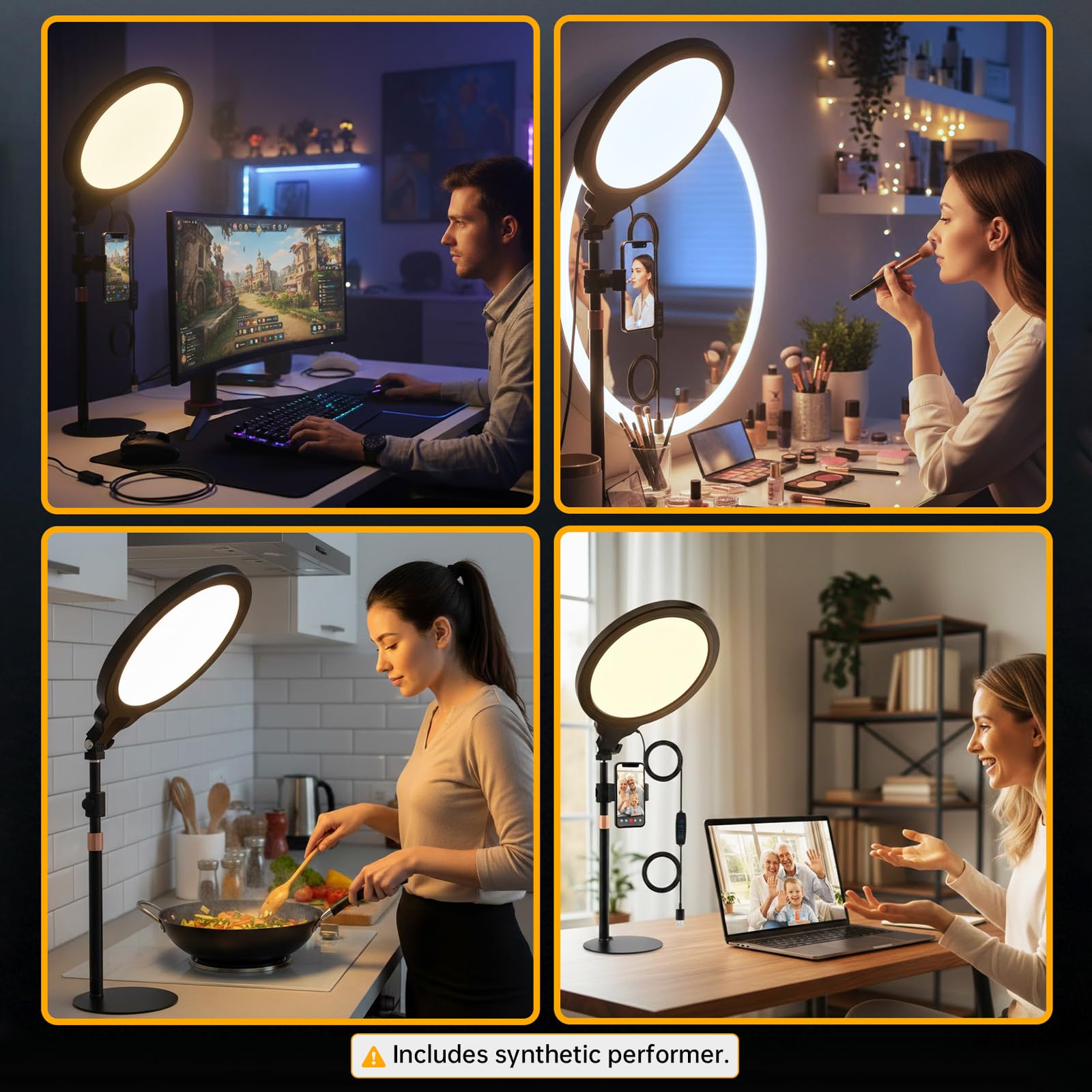 Illuminazione a LED con zoom, 26,7 cm, luce per streaming, regolabile, da scrivania, con supporto per telefono, 30 modalità di illuminazione, lampada da tavolo per videoconferenze, streaming, podcast