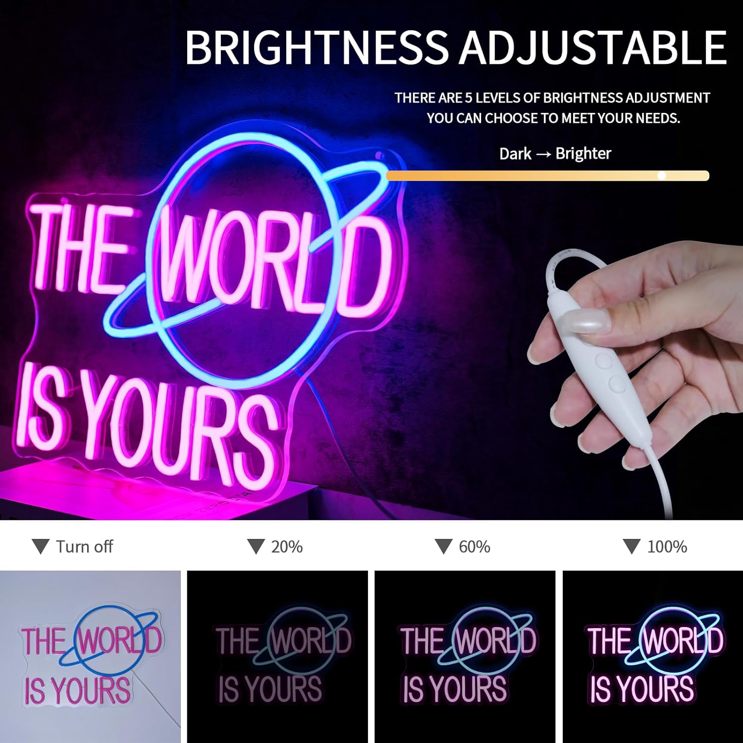 The World is Yours Neon Sign for Wall Decor Dimmable Pink Led Lights Signs for Bedroom Letters Neon Light for Office Game Room Man Cave Graduation Party Wedding Decor Birthday Gift for Girl - Image 4