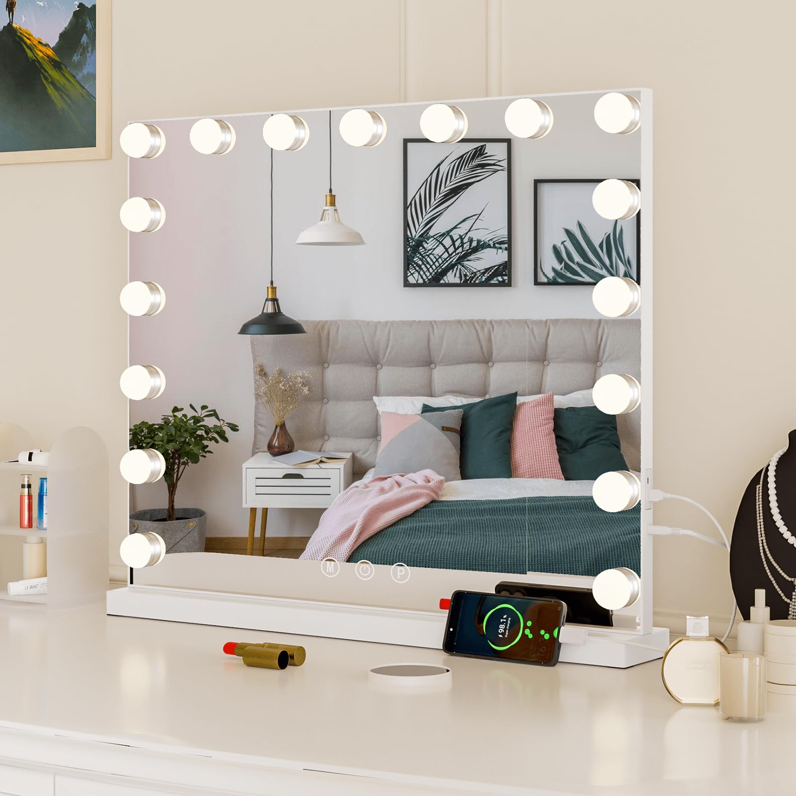 Teousev Hollywood Specchio Trucco con luci, Specchio Trucco con 17 lampade LED, Illuminato Specchio da Tavolo con 10x ingrandente, 60x52cm
