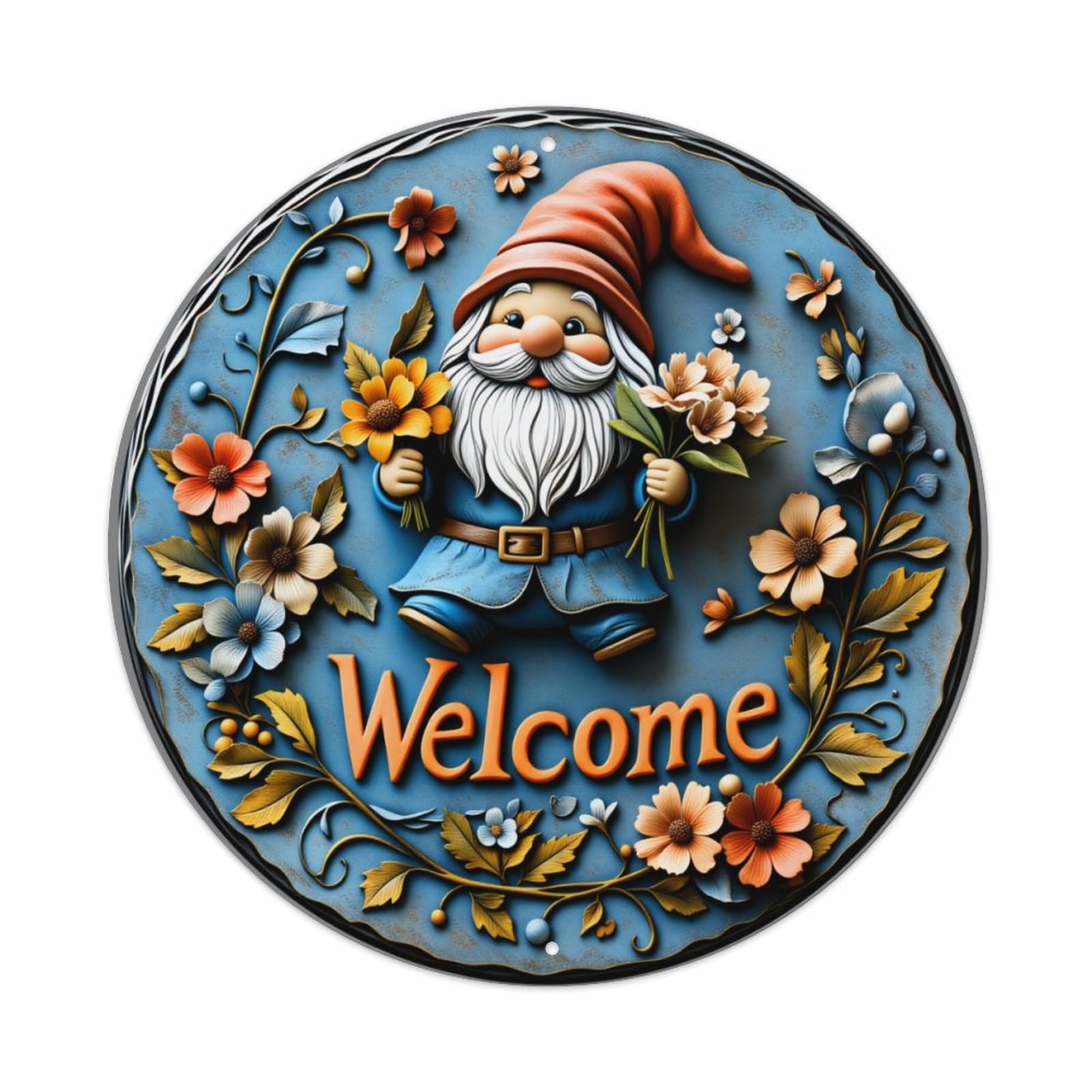Garden Gnome Floral Welcome Sign Pattern Round Vintage Tin Sign,Retro Wall Art,Metal Poster for Home, Bar, Garage, Cafe, Rustic Indoor & Outdoor Decor, 8x8 Inches