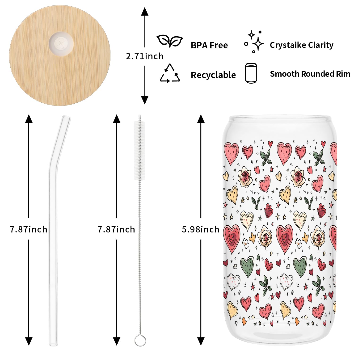 MRYAWXBK Cute Hearts Roses Glass Cup with Bamboo Lids Straw 16oz, Aesthetic Ice Coffee Glass Tumbler for Soda Boba Tea Cocktail Gifts for Her