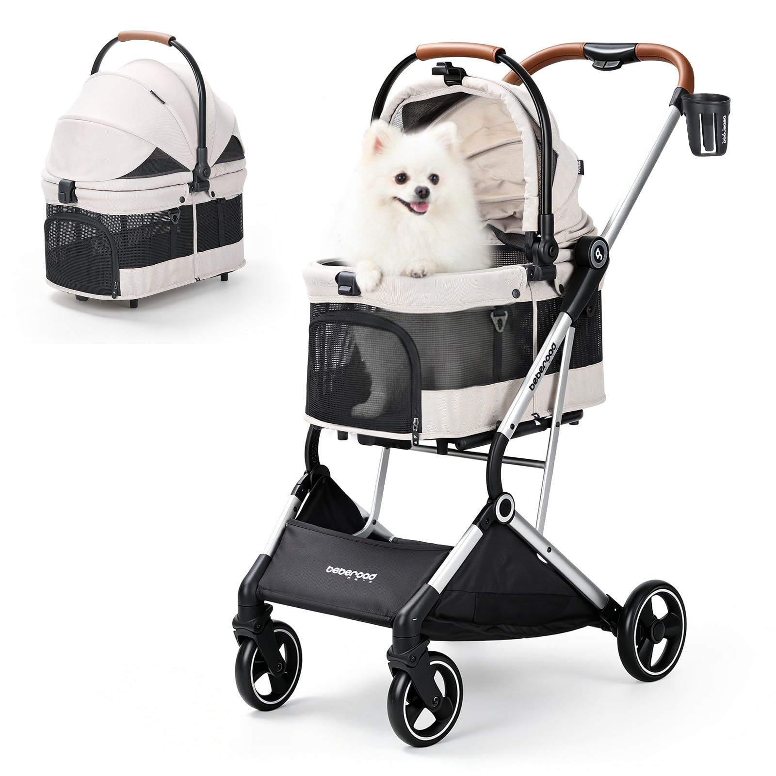 Beberoad Pets T3 PRO Haustier-Kinderwagen für kleine und mittelgroße Hunde und Katzen, 4 Räder, Reise-Klapptrage, wasserdicht, Welpenwagen mit Pad, Baldachin und Getränkehalter, Beige