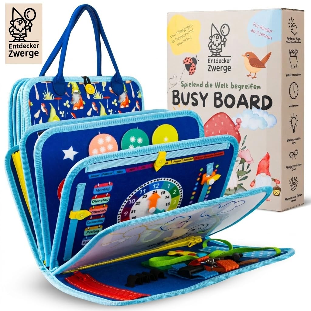Montessori Busy Board ab 3 Jahre - Lernspielzeug mit deutschen Inhalten - Busy Book mit 25 Aktivitäten - Motorikspielzeug - Activity Board für Kinder - Reisespiel - in Geschenkbox