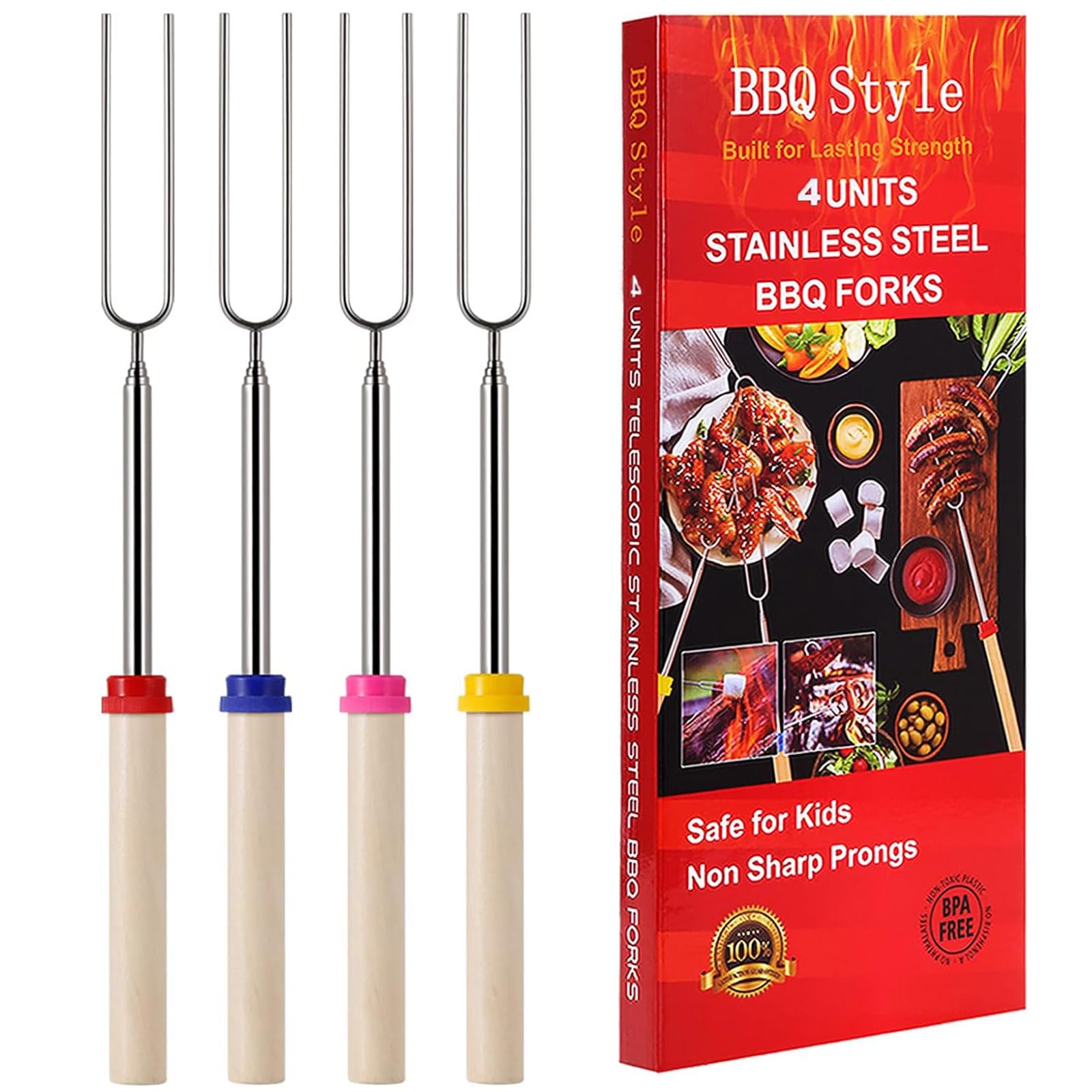 4 PCS Marshmallow Toasting Forks, Smores Sticks for Open Fire Pit Outdoor