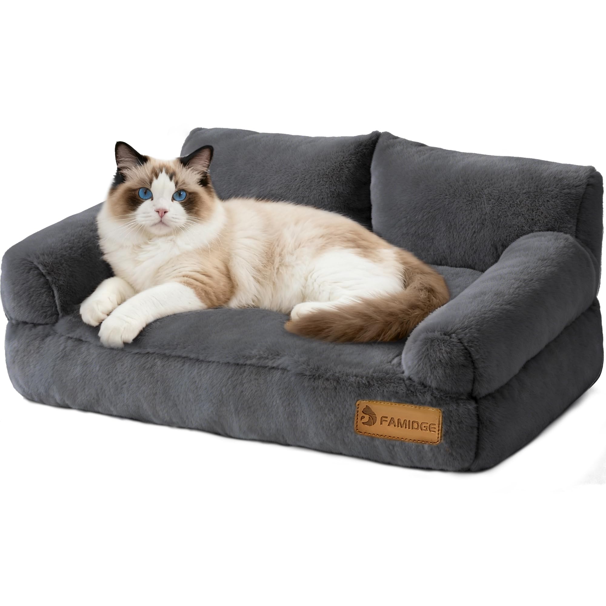FAMIDGE Plush Cat Couch Bed - Cat Bed for Indoor Cats, Dog Sofa Bed, Short Rabbit Fleece Calming Pet Couch with Removable Cover, Anti-Shedding Pet