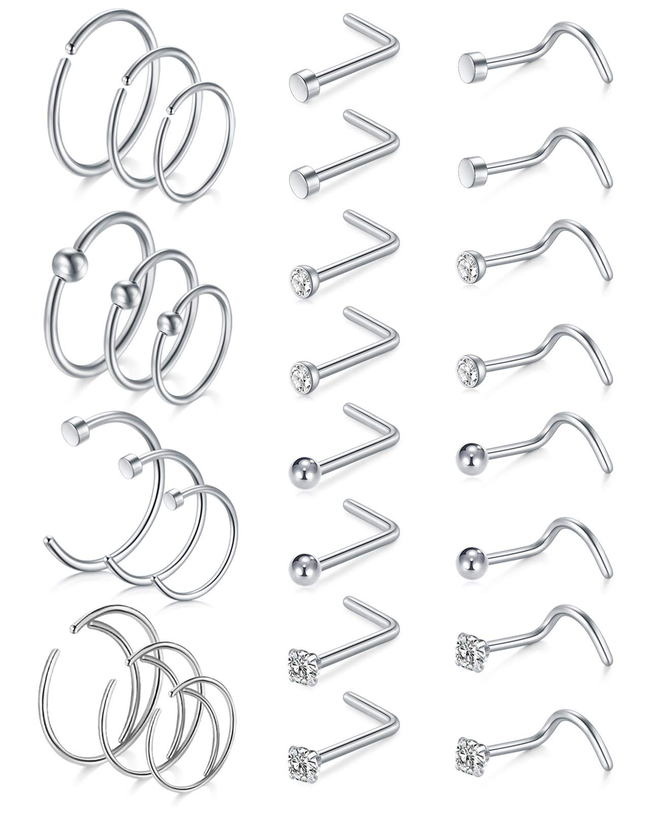 AceFun Piercing Nariz Espárragos de Nariz Anillos Nariz Aro Plata en Forma de L 18G/20G Cartílago Helix Tragus Piercing Joyas con CZ Anillos de Nariz en Forma de C