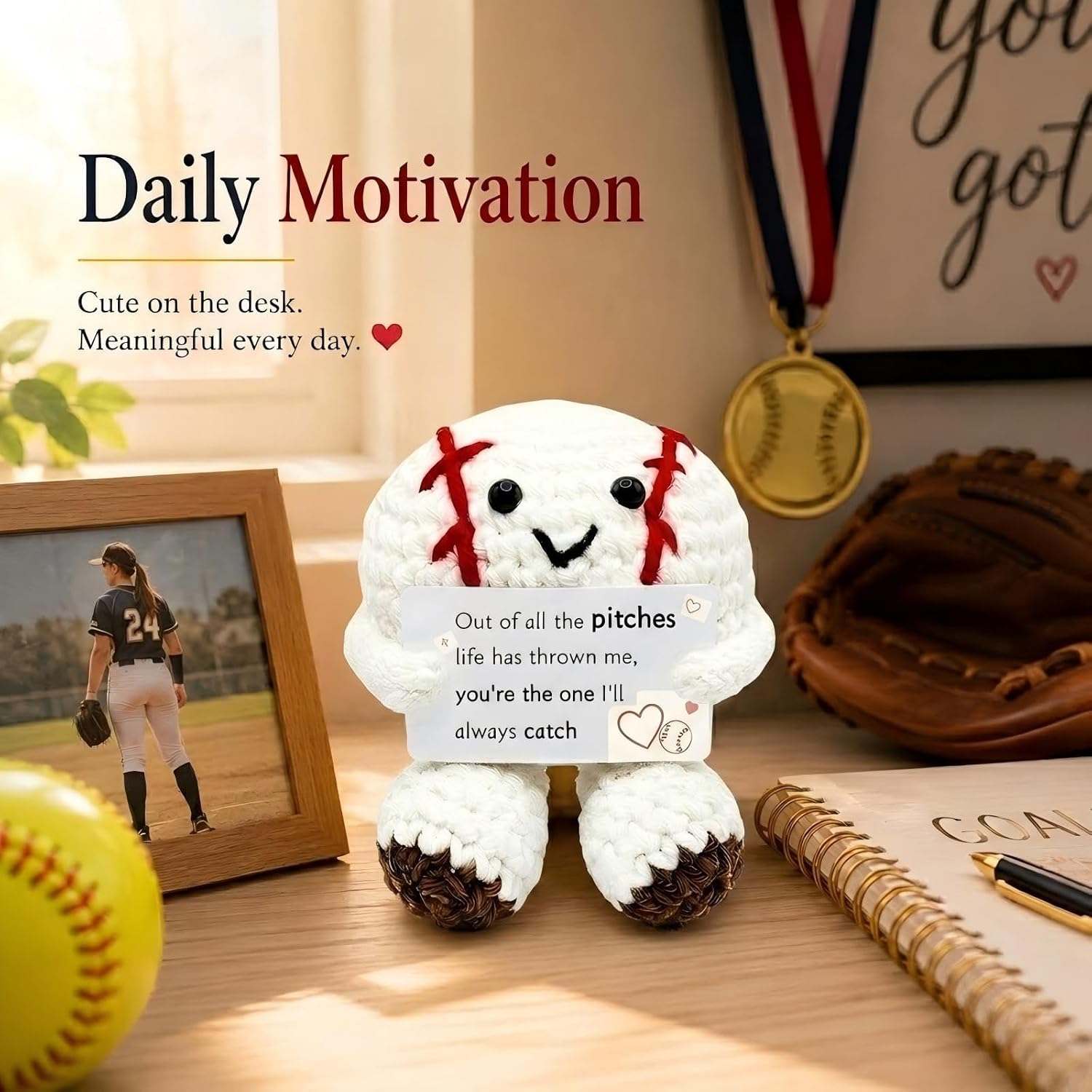 Crochet Baseball Romantic Keepsake Figurine with Love Card — Handmade Valentine Gift for Him Her, Boyfriend Girlfriend Anniversary Collectible Desk Decor (Romantic 01)