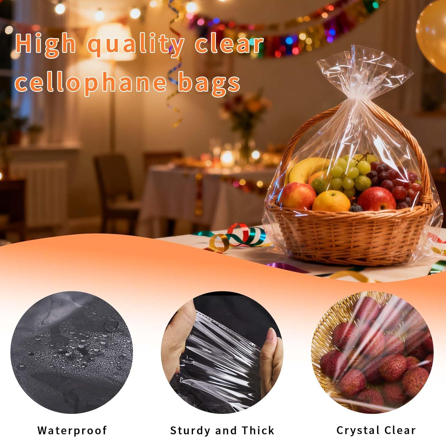 Volokitx 13-Pack 30x40 Inch Clear Cellophane Bags with 15 Colorful Pull Bows, Large Cellophane Wrap for Gift Baskets, Baby Showers, Raffles, and Charity Auctions. - Image 5