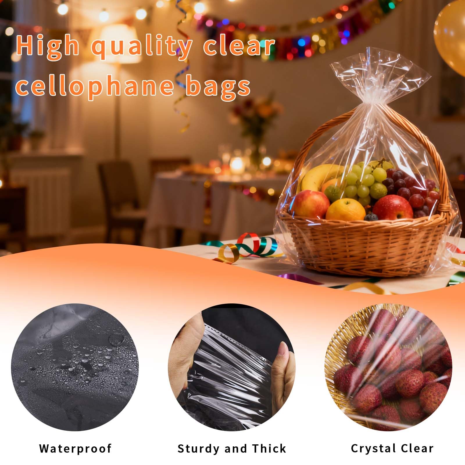 Volokitx 7-Pack 40x50 Inch Clear Cellophane Bags with 8 Colorful Pull Bows,Extra Large Cellophane Wrap for Gift Baskets, Baby Showers, Raffles, and Charity Auctions