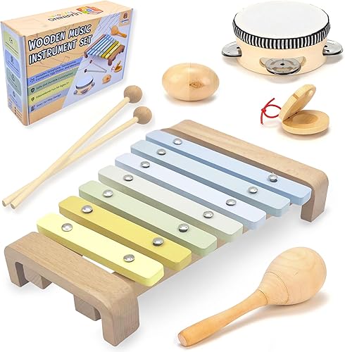 Instrumentos musicales de madera para niños pequeños, juguetes musicales estéticos, juguetes Montessori, pandereta de xilófono colorido, maracas,
