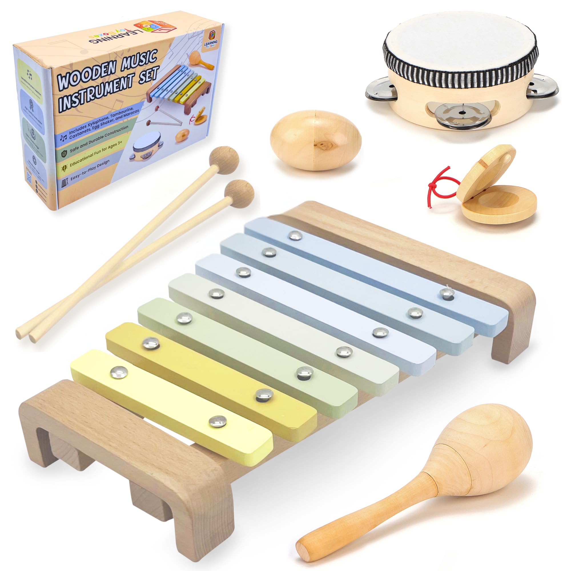 Wooden Toddler Toys - Musical Toys for Toddlers 1-3 - Montessori Musical Instruments for Toddlers 1-3 – Toddler Musical Instruments Set of 5 Baby Toys Including a Colorful Xylophone for Toddlers 1-3