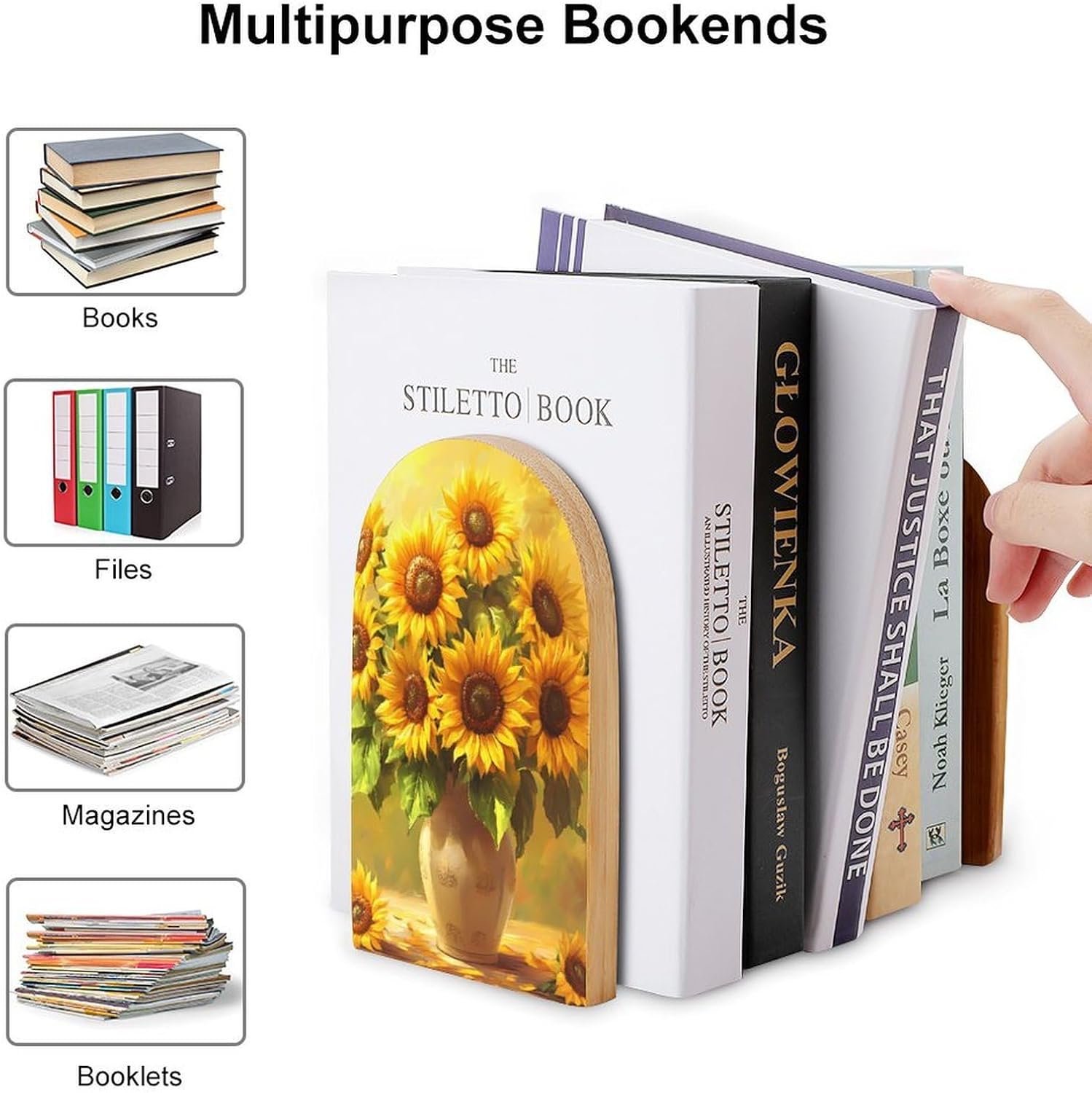 Beautifu Sunflowers Painting Cute Wood Book Ends Decorative Bookends 1 Pair Non-Skid for Shelves Home Office 7 X 5 Inch