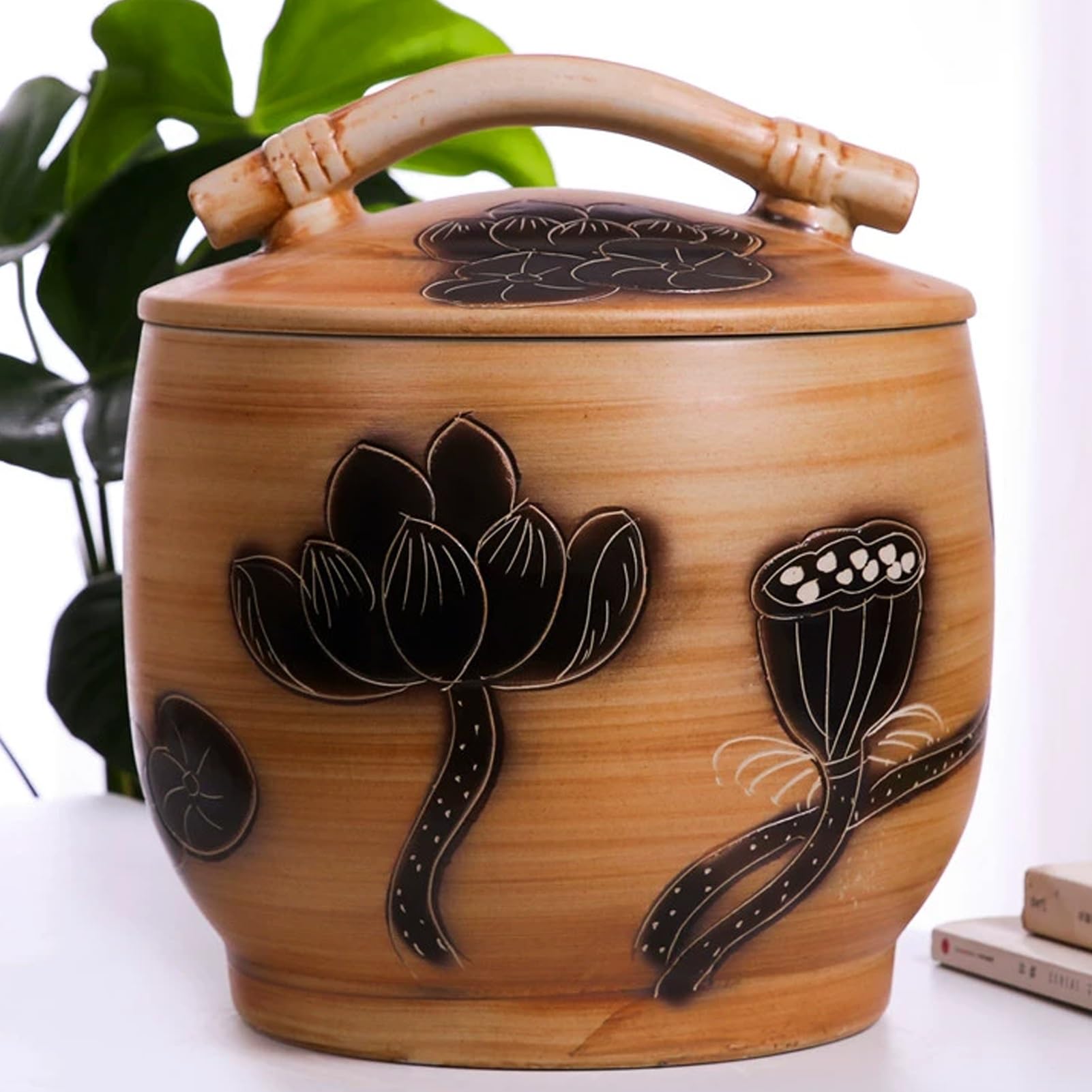 Vorratsbehälter, Keramik-Reisglas mit Deckel, Lebensmittelvorratsgläser Im Traditionellen Chinesischen Stil, Haushalts-Aufbewahrungsbox für Müsli, Mehl, Zucker, Kaffee, Reis(Brown A,10kg)