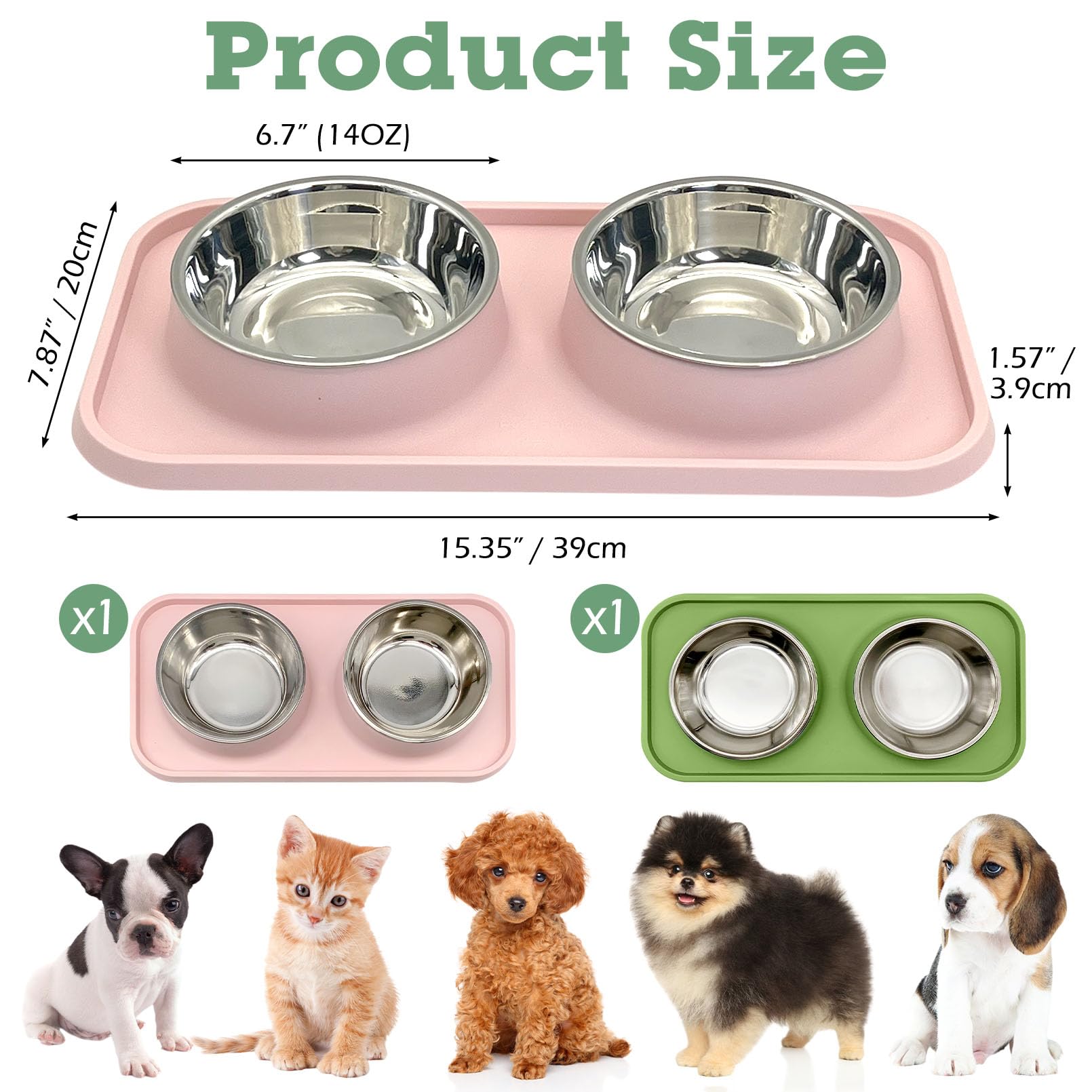 BNOSDM Lot de 2 gamelles doubles en acier inoxydable avec tapis en plastique anti-déversement pour chiot, chat, chaton (rose et vert foncé)