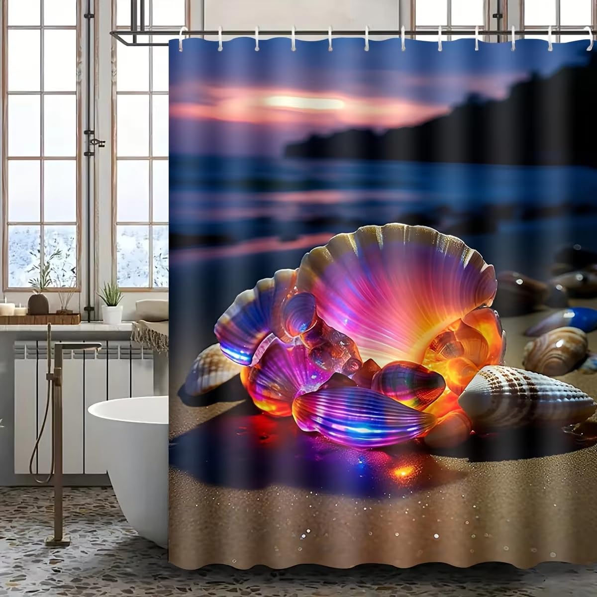 Rideau de Douche Coquillage Lumineux Coloré 260x190cm(LxH) – Paysage Plage Océan Coucher de Soleil Fantaisie Rideau de Bain, Tissu Polyester Imperméable Rideau de Douche et Rideau de Bain