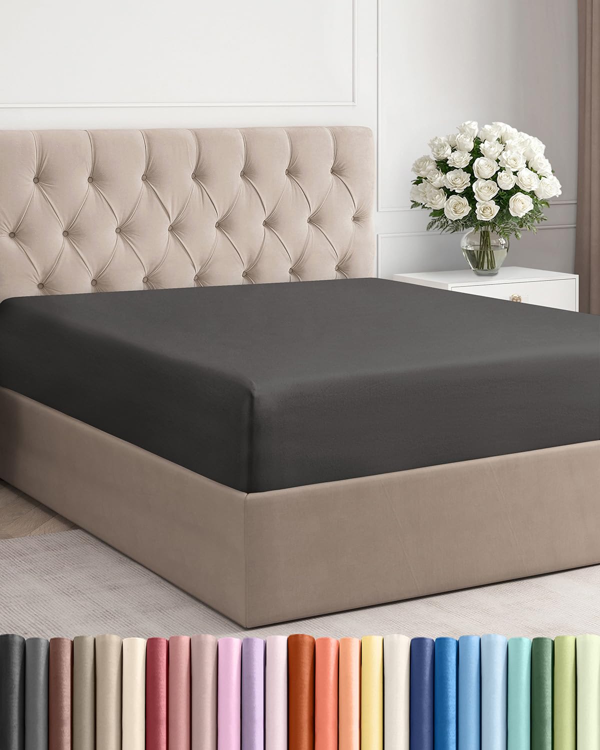 Queen Fitted Sheet - Single Fitted Sheet Only - Deep Pockets - Charcoal