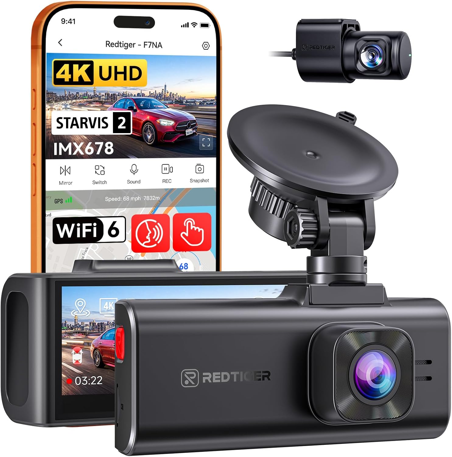 REDTIGER 4K Dash Cam Front and Rear, STARVIS 2 IMX678, 8MP, 5GHz WiFi (20MB/s Fast Download), Voice Control Car Camera, WDR, HDR Night Vision, GPS, 24H Parking Mode, No SD Card, Max 512GB