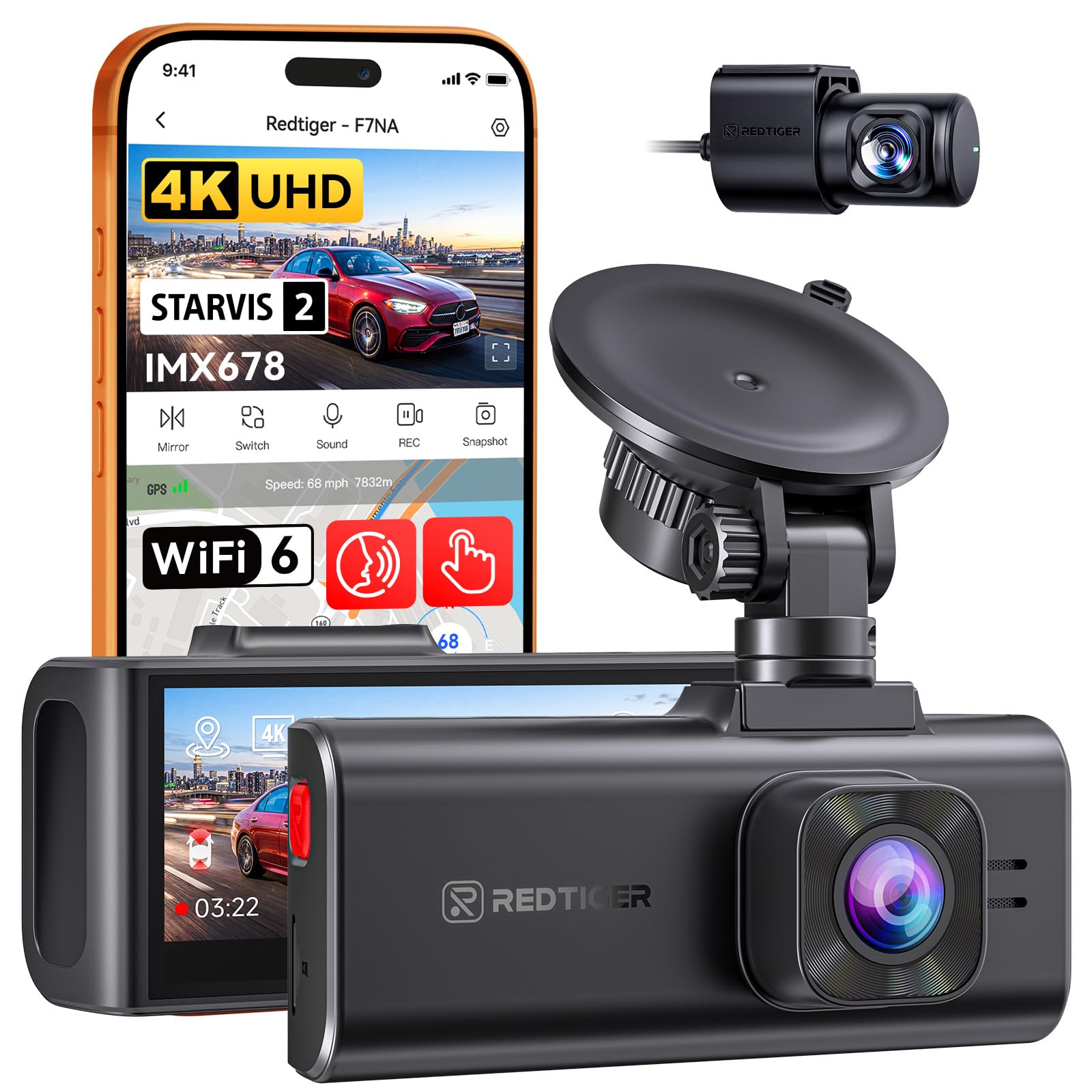 REDTIGER Dashcam Auto 4K Anteriore/Posteriore, STARVIS 2 IMX678 8MP, WiFi 5GHz, GPS, Controllo Vocale, Visione Notturna HDR, Parcheggio 24H, Senza SD, Fino A 512GB (F7NA)