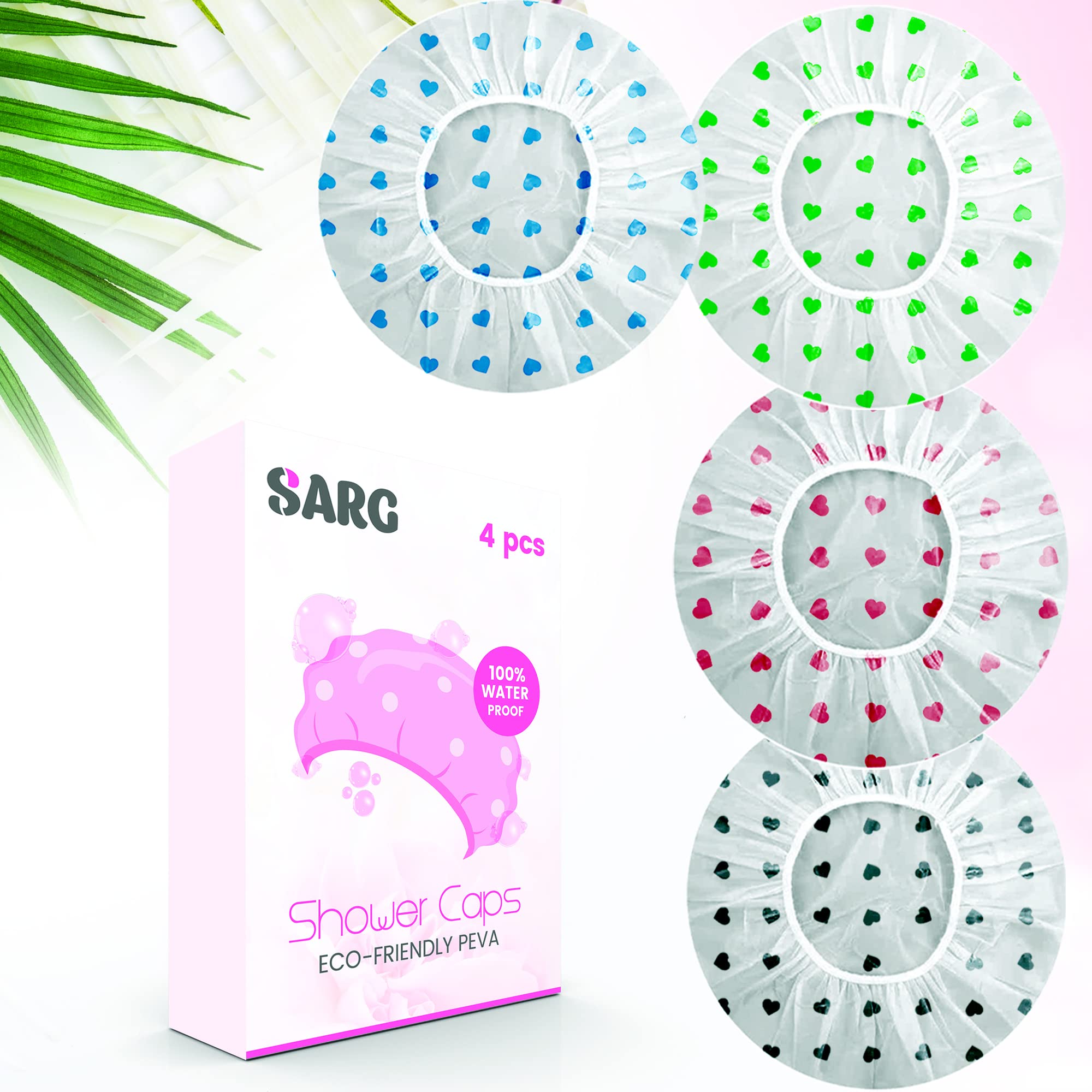 SARG Pack of 4 Shower Caps for Women & Men with Unique Heart Design- Reusable Shower Caps for Hair - Waterproof Plastic Shower Cap - Perfect Shower Caps for Long, Short and Curly Hairs