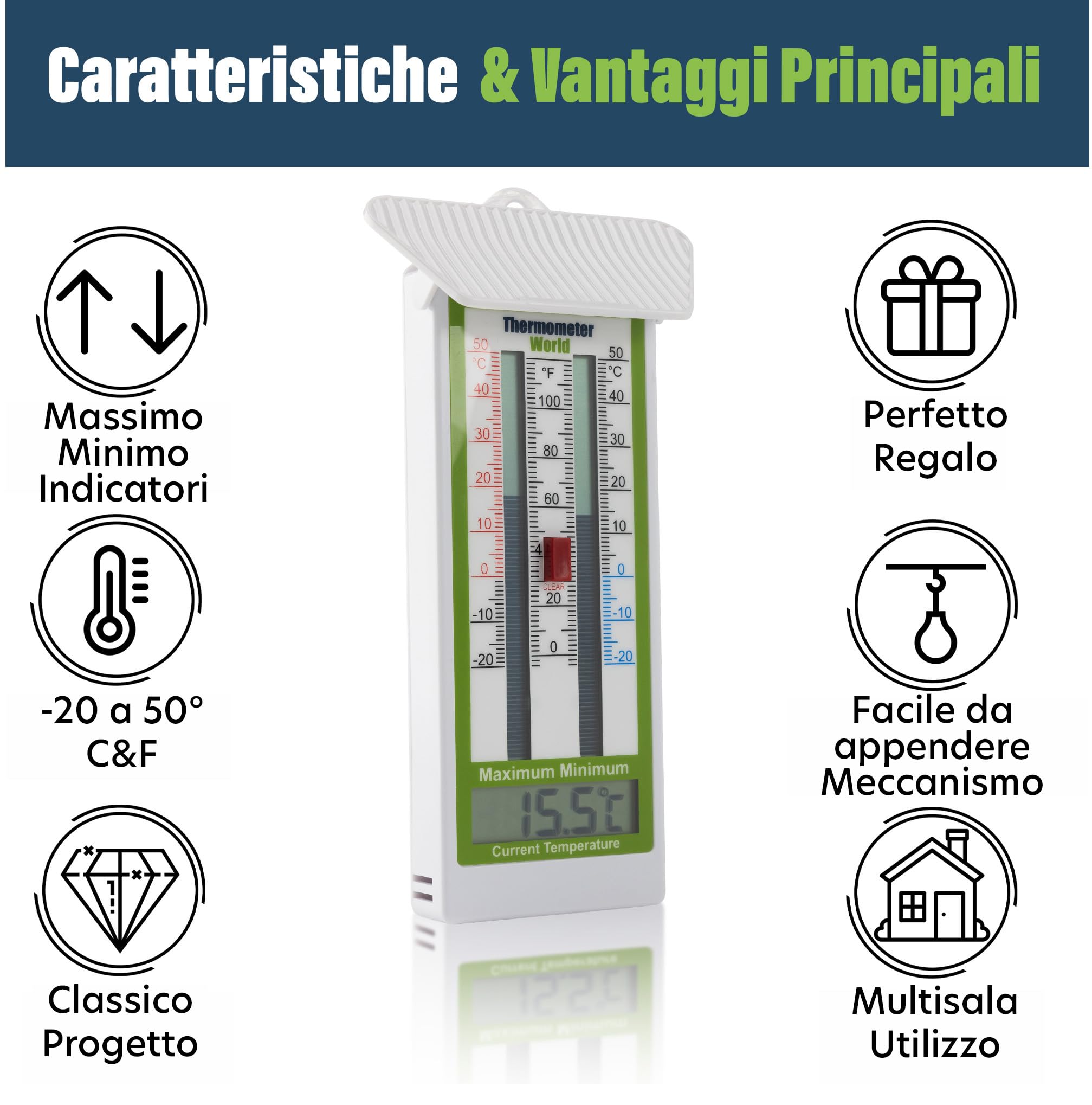 Termometro digitale massimo-minimo per serra, giardino, al chiuso o all’aperto, impermeabile IP65
