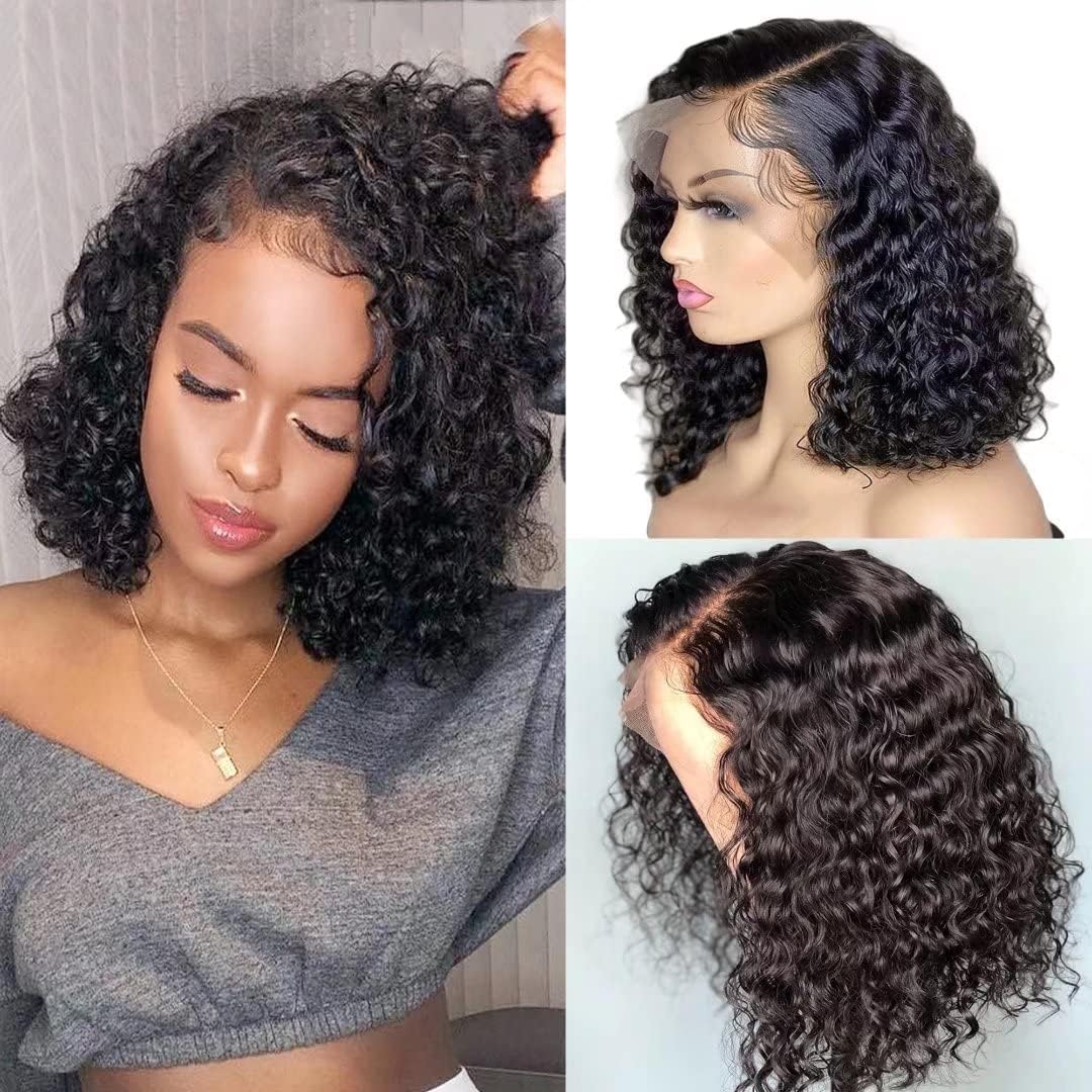 TESLAL 10inch Bob Wig Human Hair 13x5x2 Pre Plucked Water Wave Lace Front Bob Wigs 150% Density With Baby Hair Transparent Short Curly Bob Wigs for Black Women