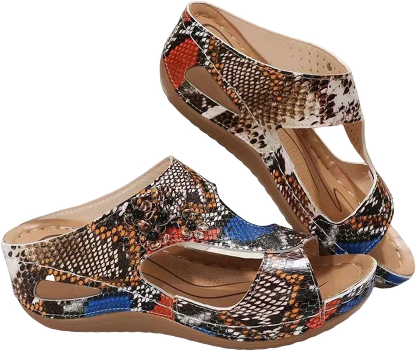 Reuvv Orthopedic Sandals for Women Ladies Arch Support Orthotic Slides Low Wedge Slippers Shoes, PU Leather Open Toe Sandals