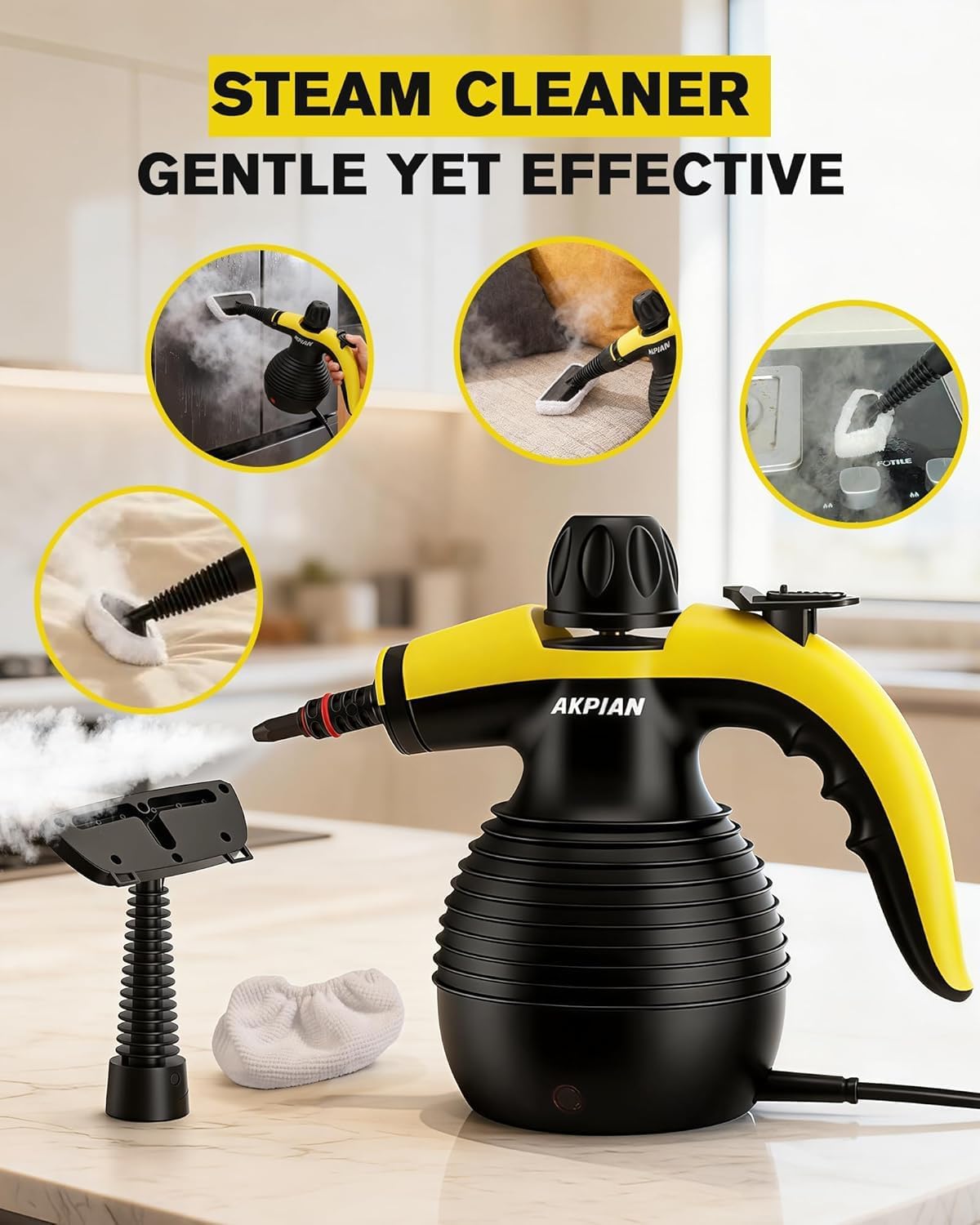 Handheld Steam Cleaner, 1050W Rapid-Heating Stainless Steel Boiler, Safety Locking Mechanism, Includes 10 Cleaning Tools, Deep Cleans Kitchens, Bathrooms, Cars, Windows, and More, Black
