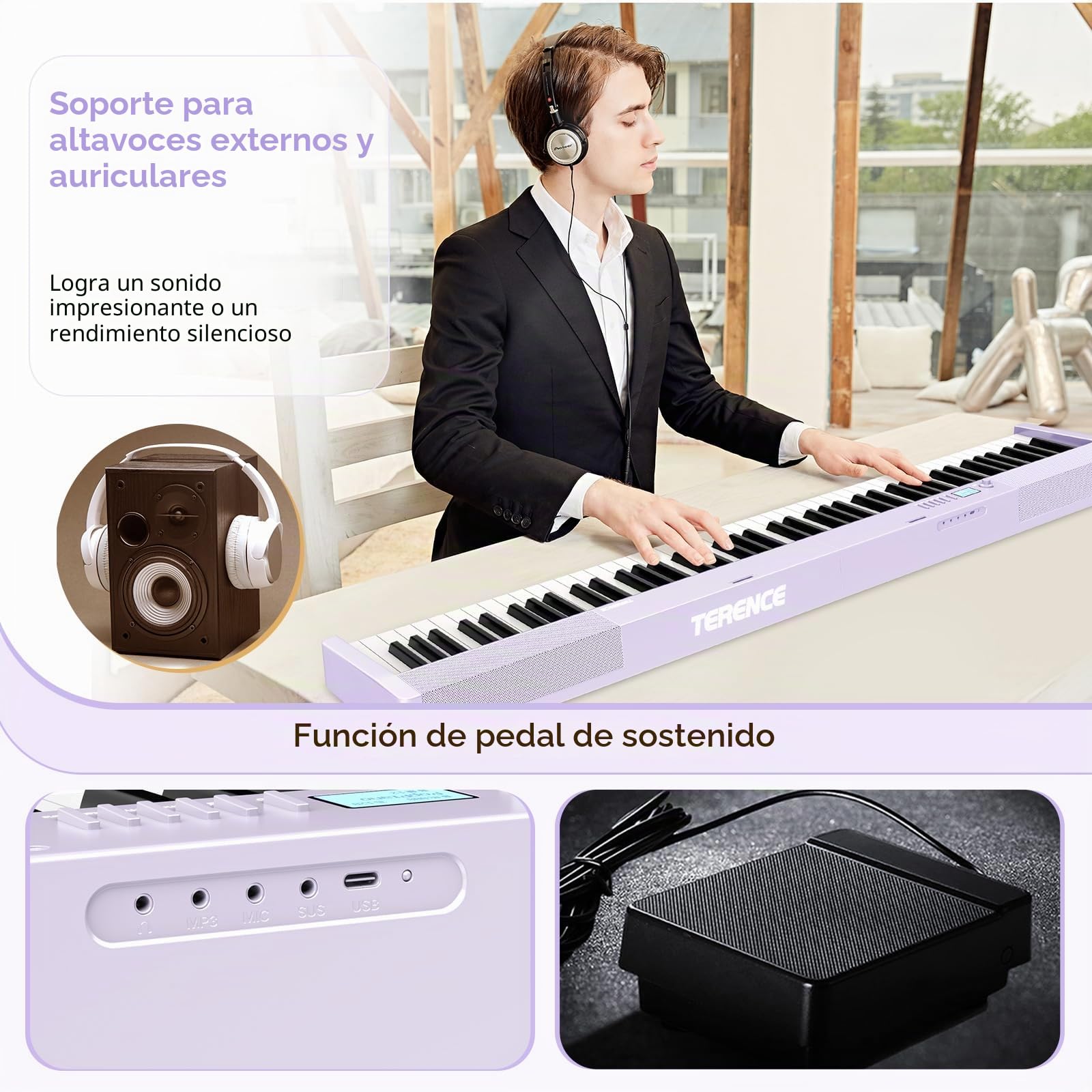 TERENCE Piano Plegable de 88 teclas con batería de 1800mAh 2x5W Altavoces Pedal Piano Bluetooth interfaz MIDI soporte para partituras bolsa adhesiva cable de audio pedal piano púrpura